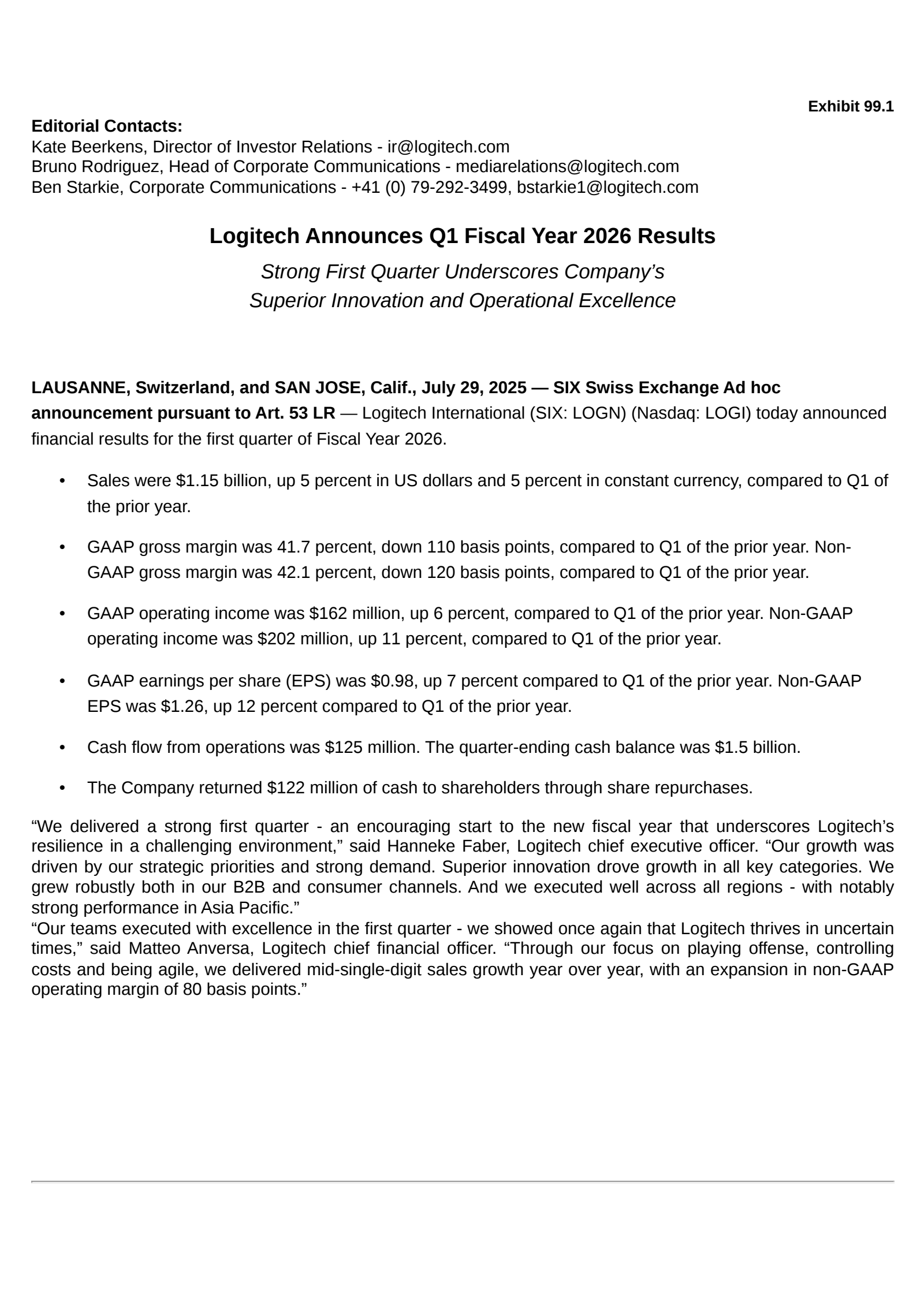 Logitech International's Q1 2026 Press Release