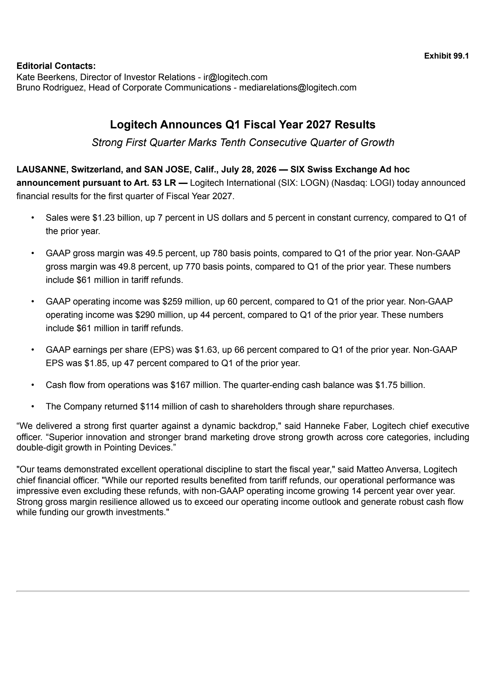 Logitech International's Q1 2027 Press Release