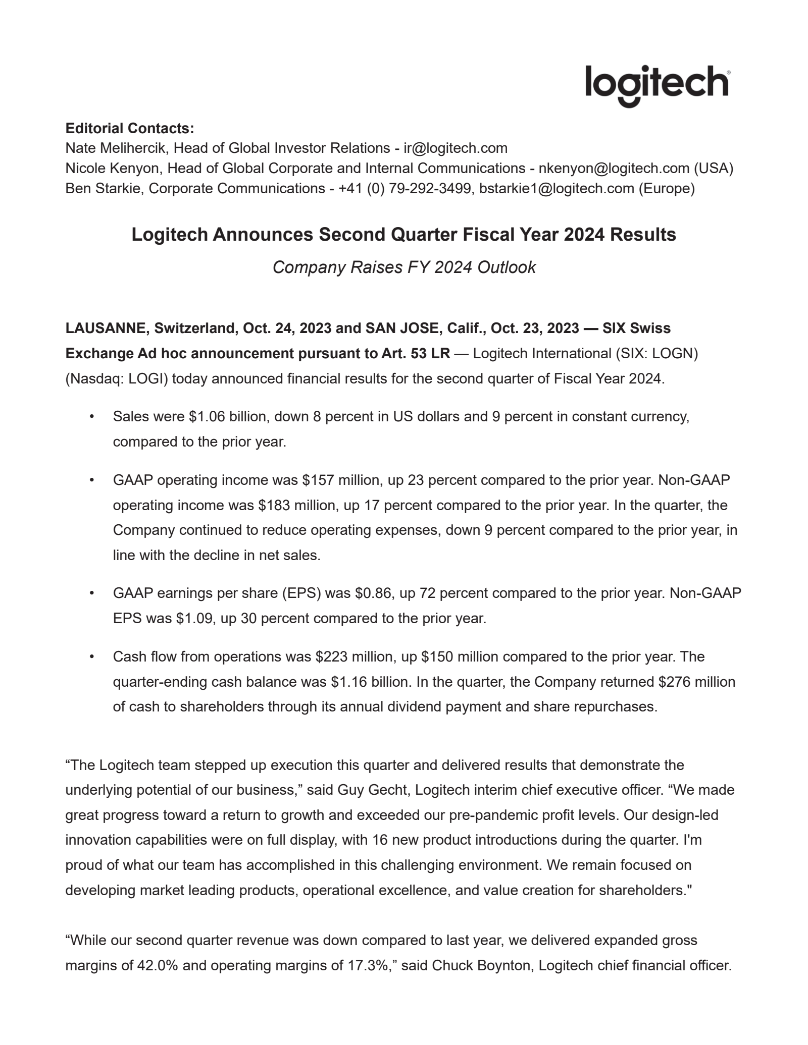 Logitech International's Q2 2024 Earnings Release