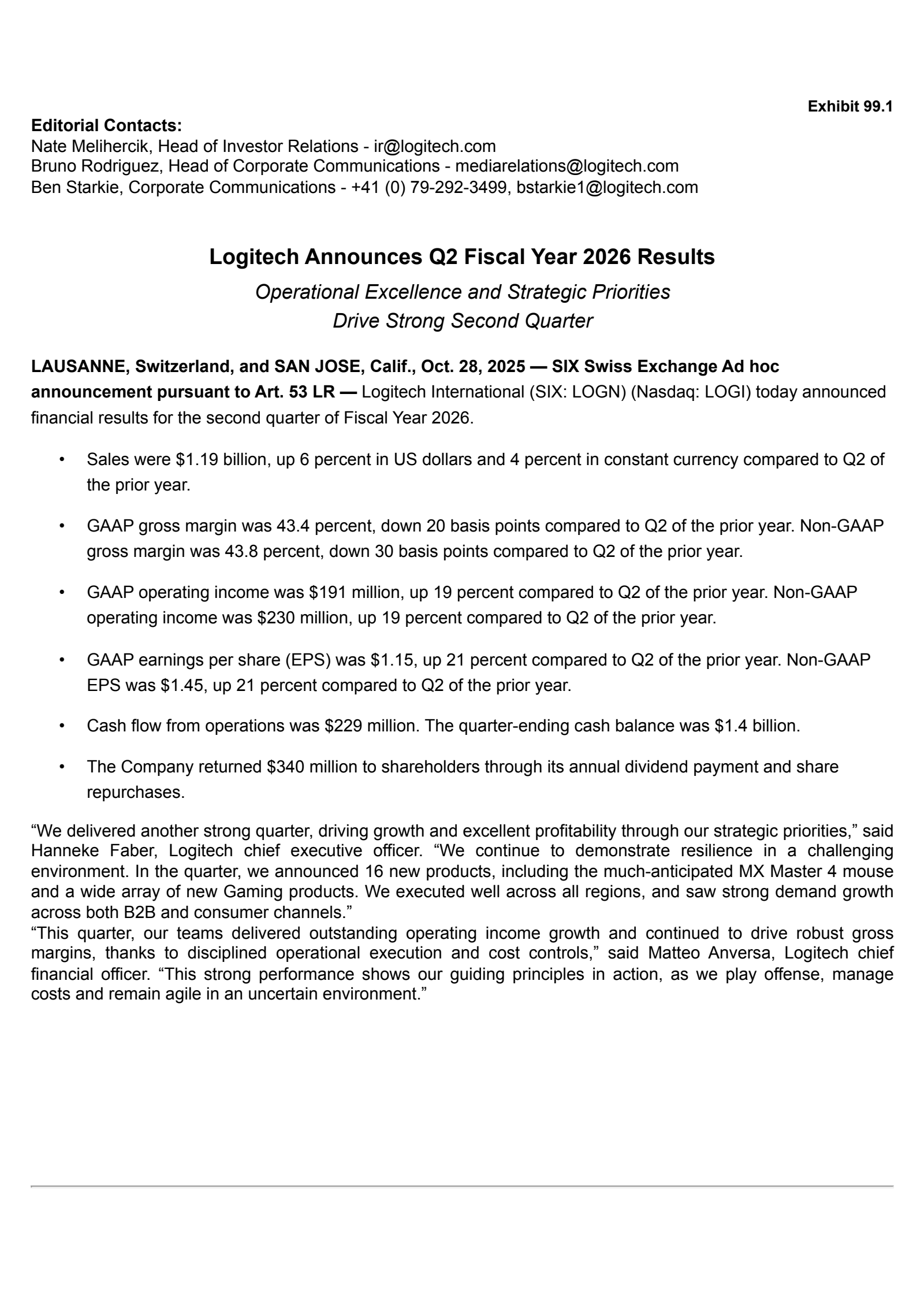 Logitech International's Q2 2026 Earnings Release