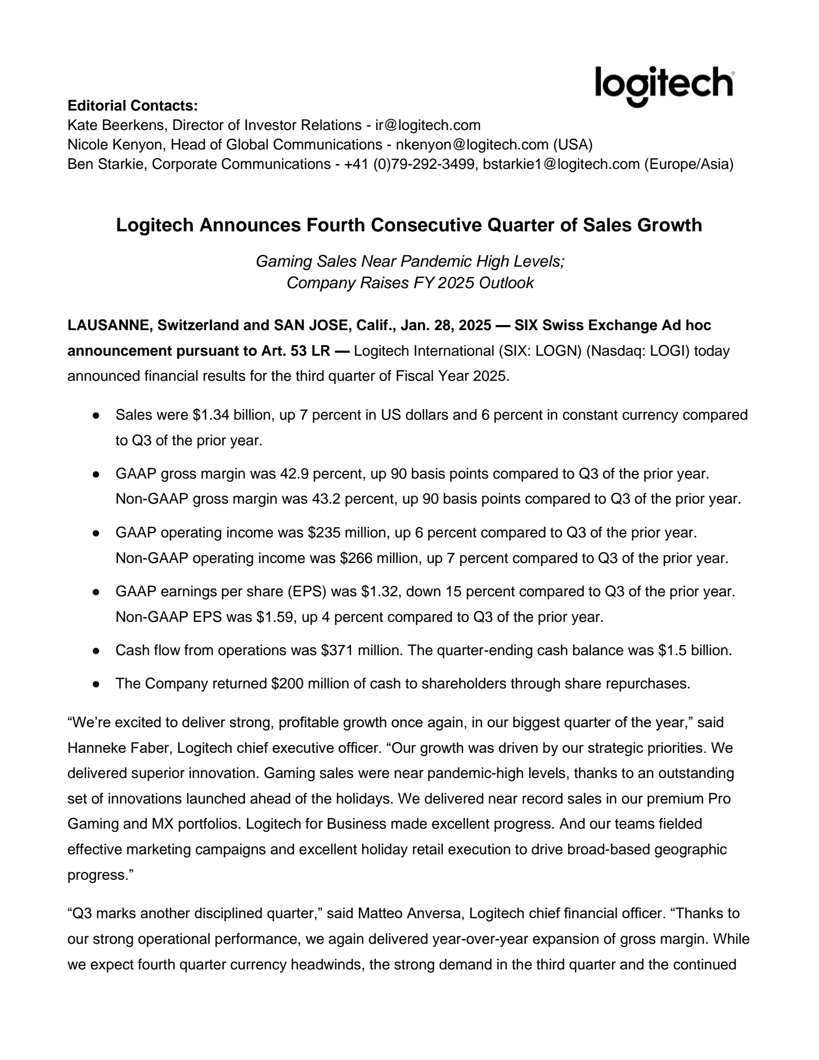 Logitech International's Q3 2025 Earnings Release