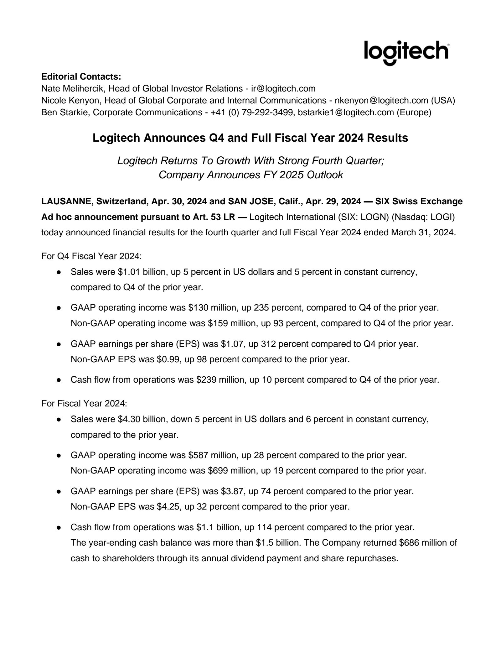 Logitech International's Q4 2024 Earnings Release