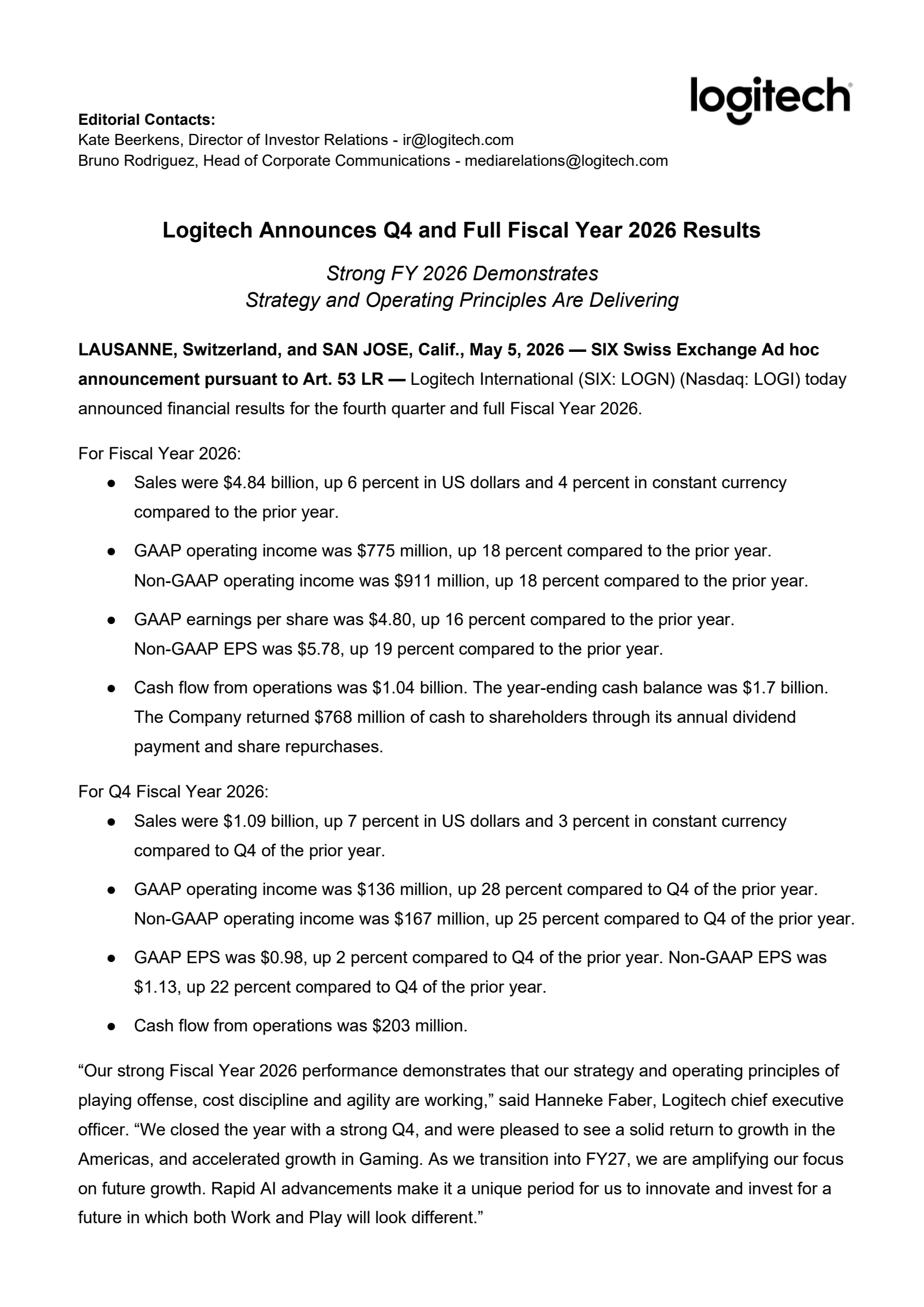 Logitech International's Q4 2026 Press Release