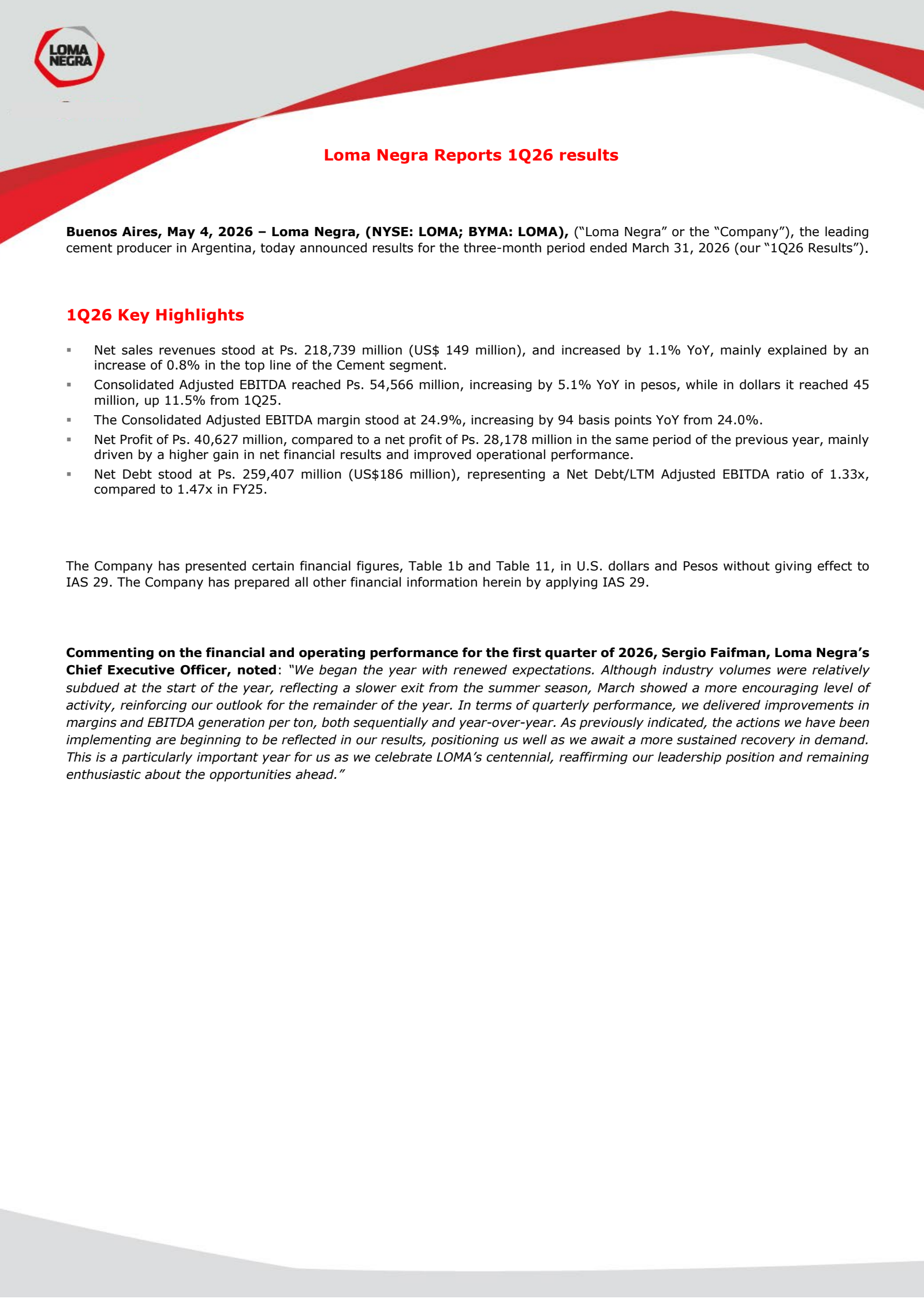 Loma Negra Compania Industrial Argentina's Q1 2026 Press Release