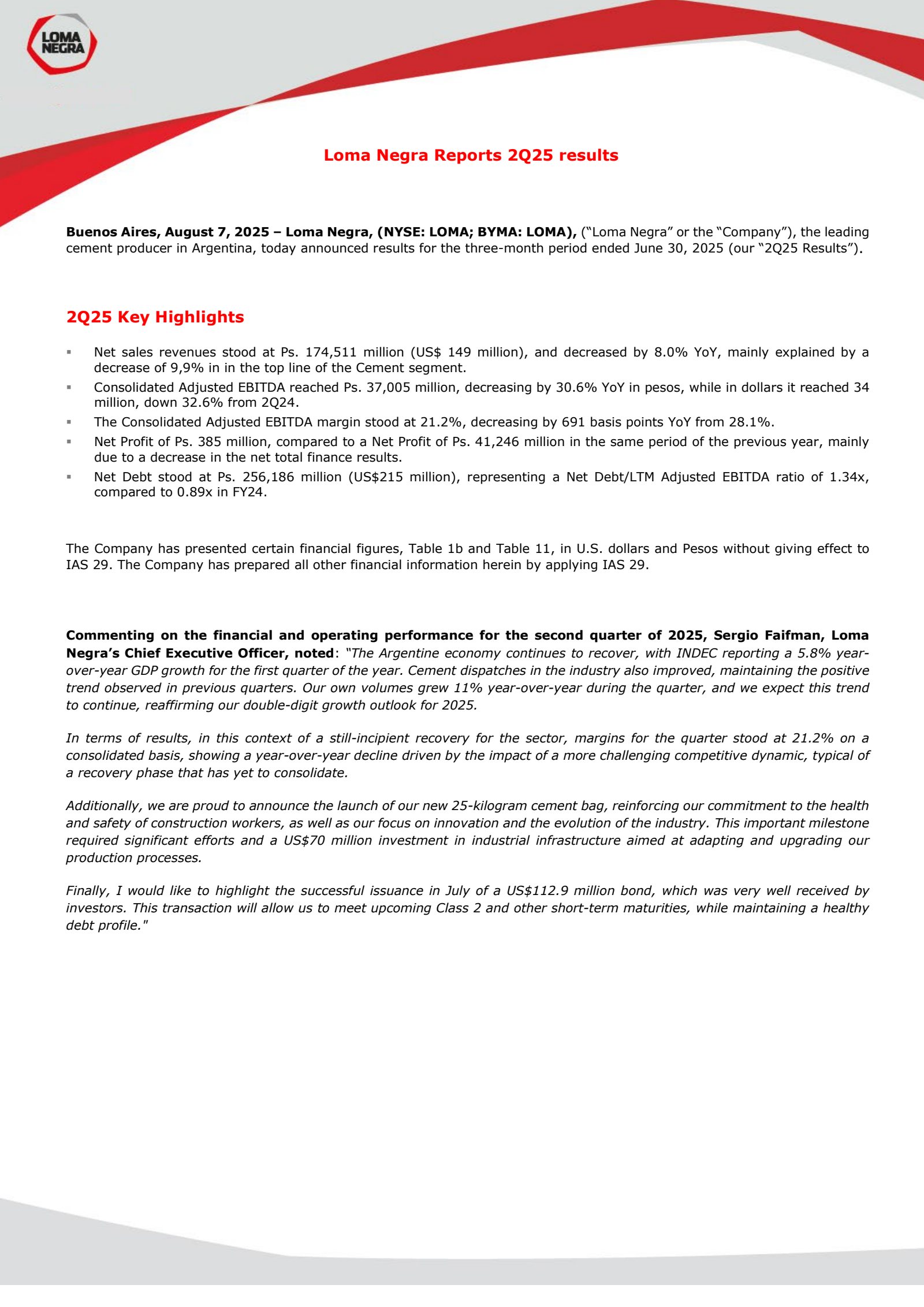 Loma Negra Compania Industrial Argentina's Q2 2025 Press Release