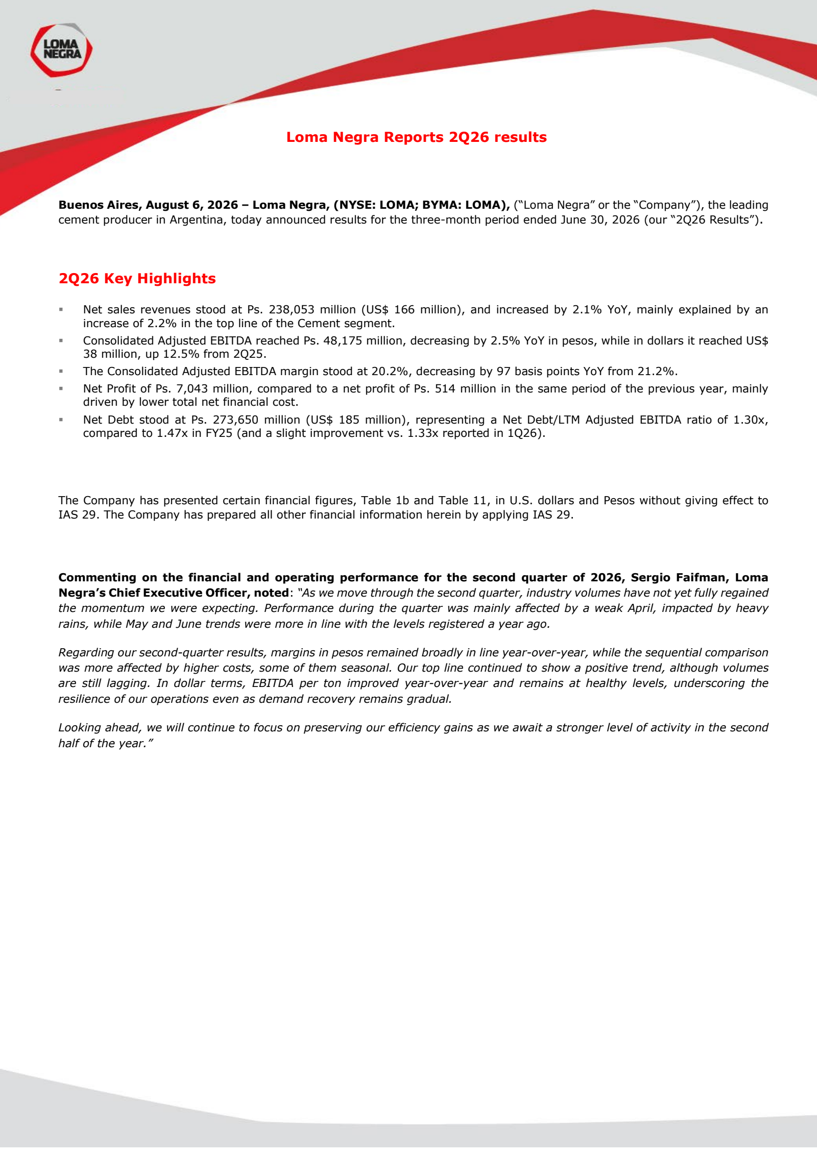 Loma Negra Compania Industrial Argentina's Q2 2026 Press Release