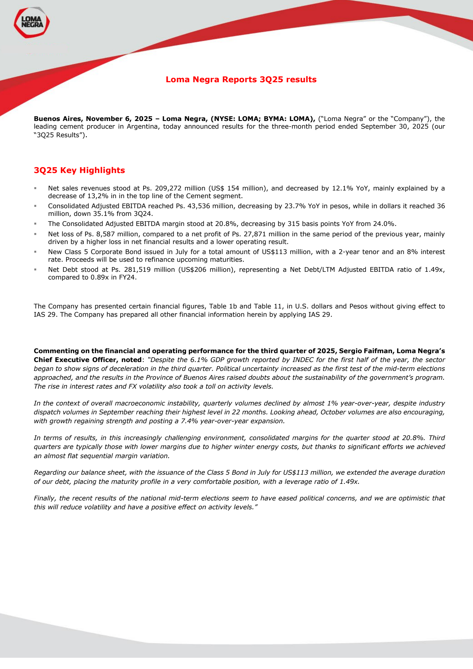 Loma Negra Compania Industrial Argentina's Q3 2025 Earnings Release