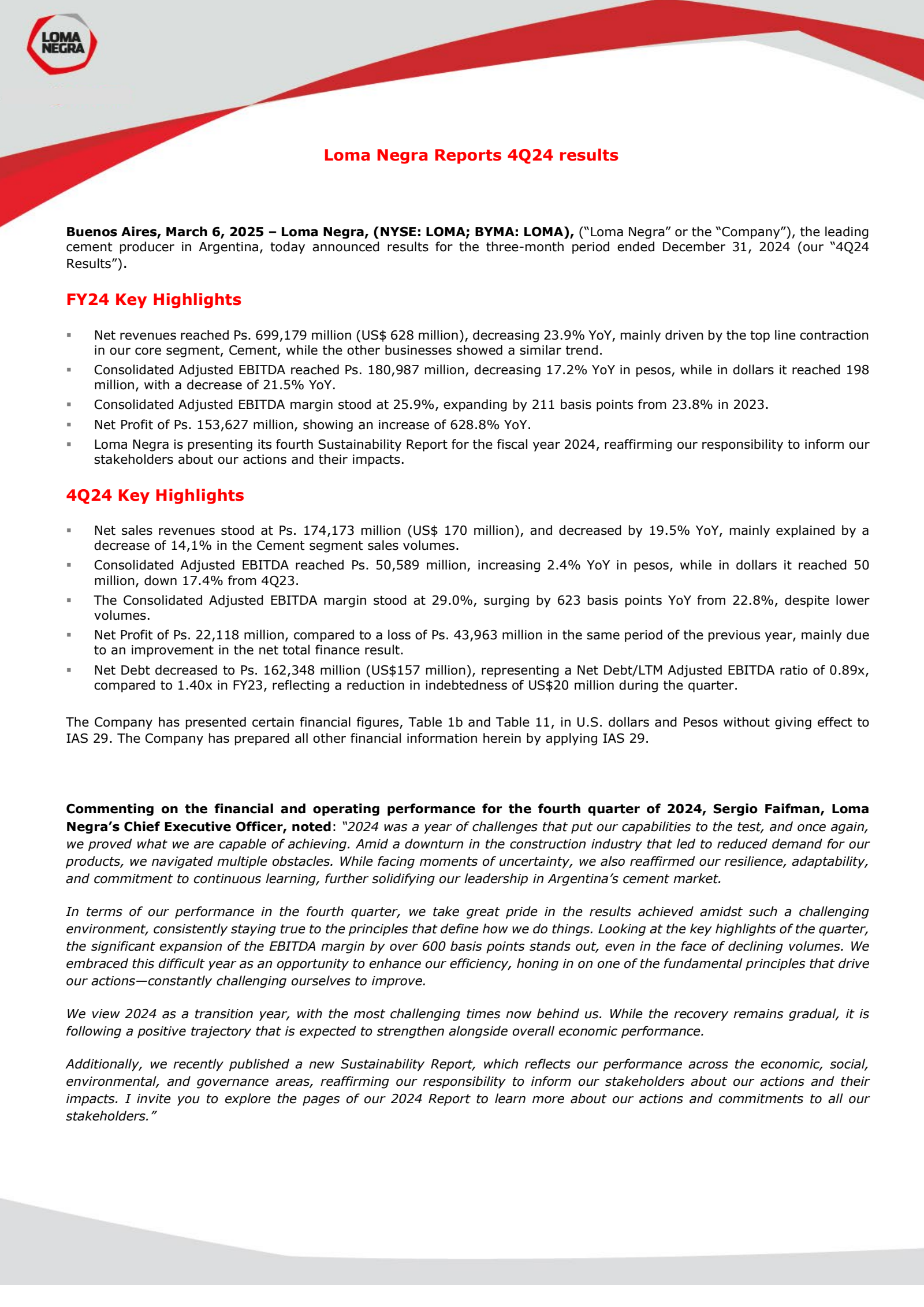Loma Negra Compania Industrial Argentina's Q4 2024 Press Release