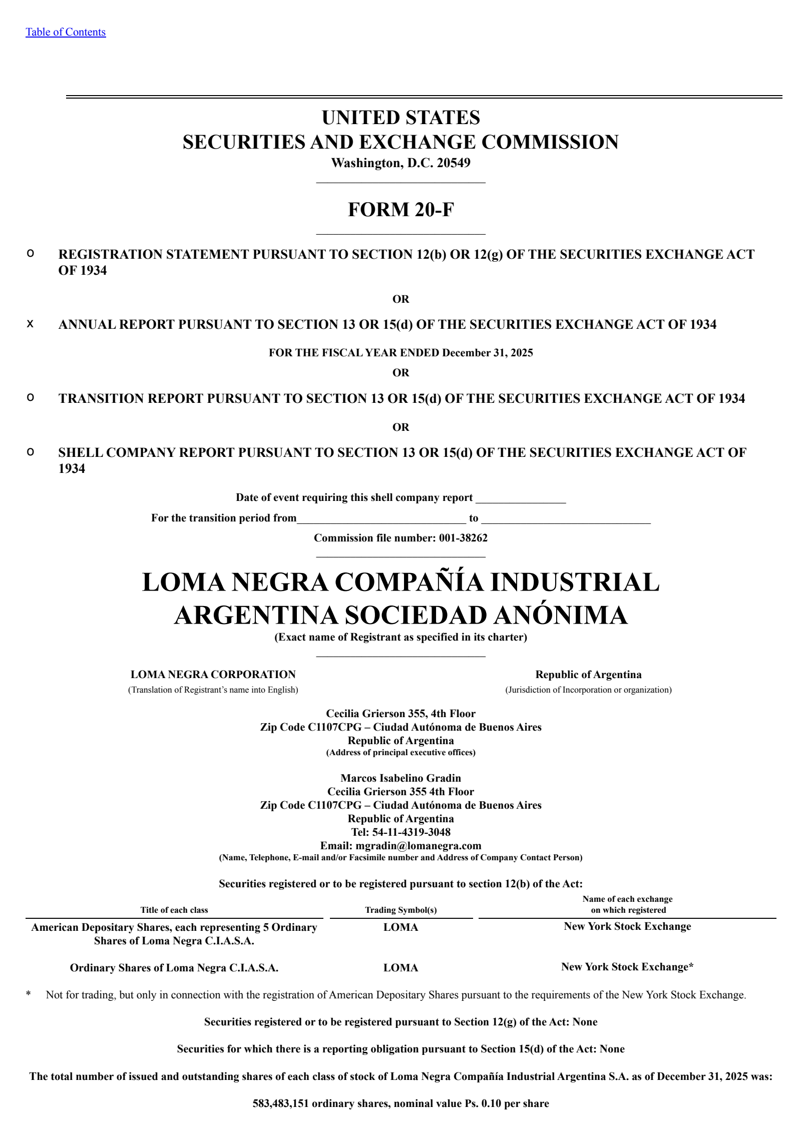 Loma Negra Compania Industrial Argentina's Q4 2025 Annual report