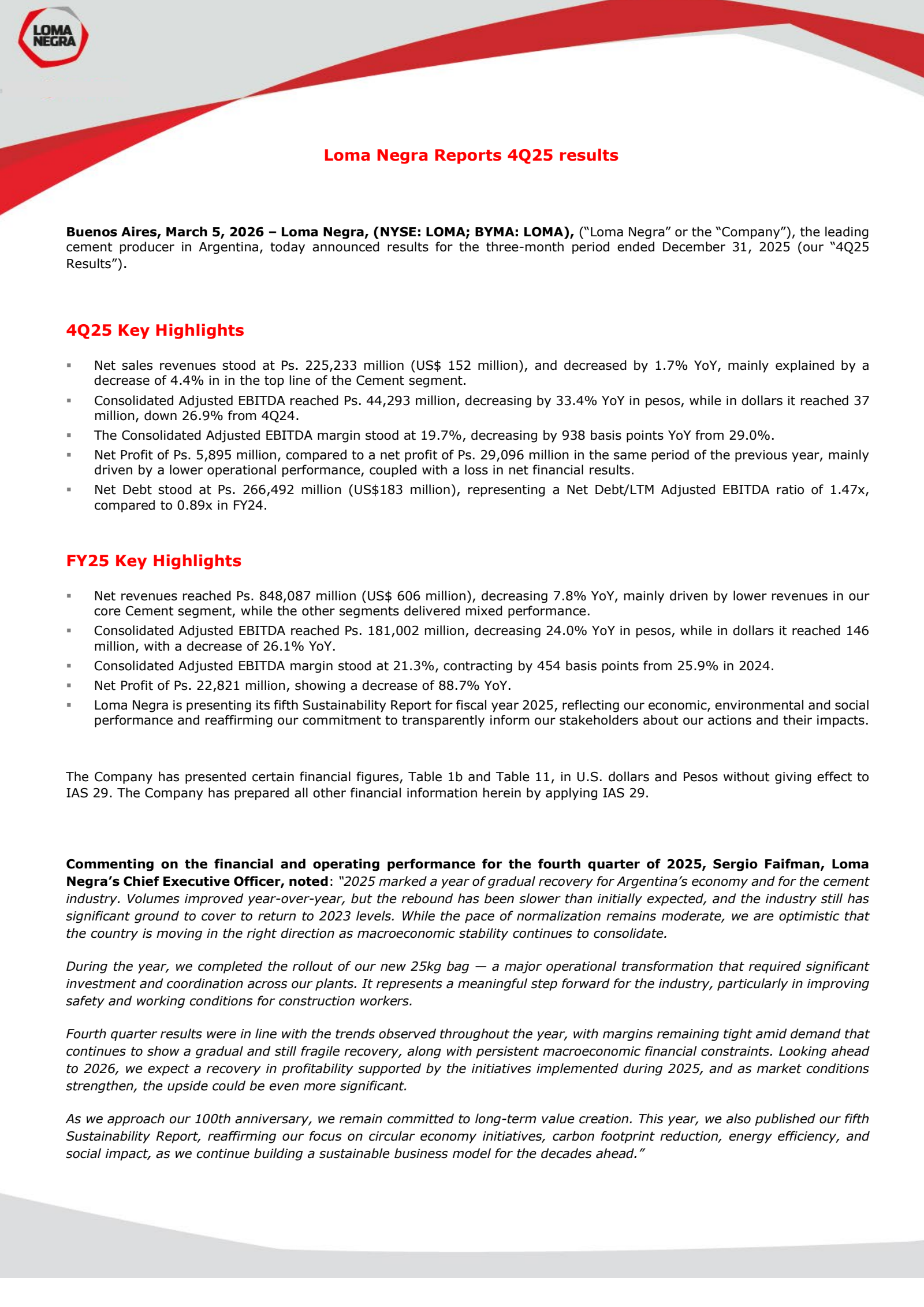 Loma Negra Compania Industrial Argentina's Q4 2025 Press Release