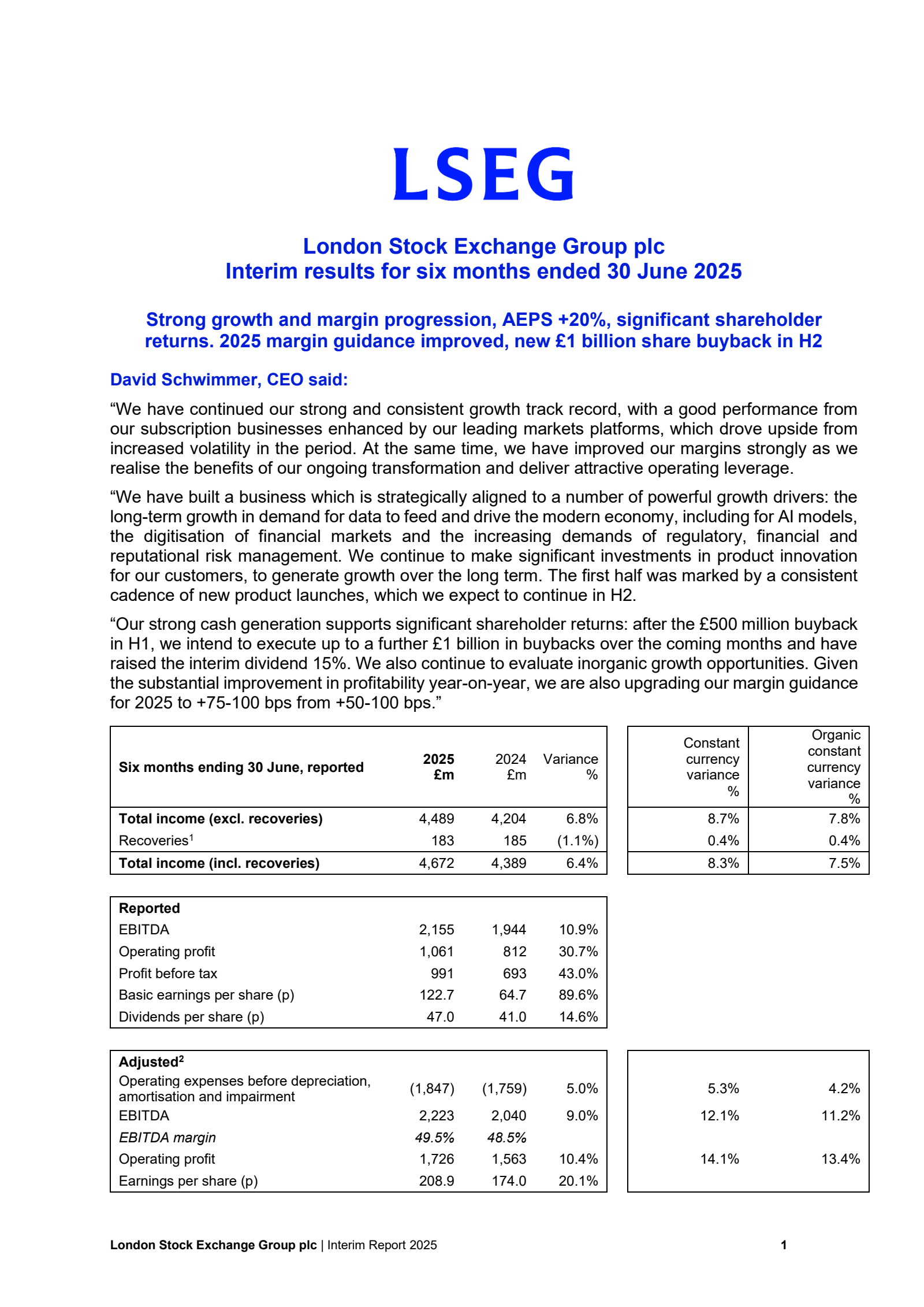 London Stock Exchange Group's H1 2025 Interim report