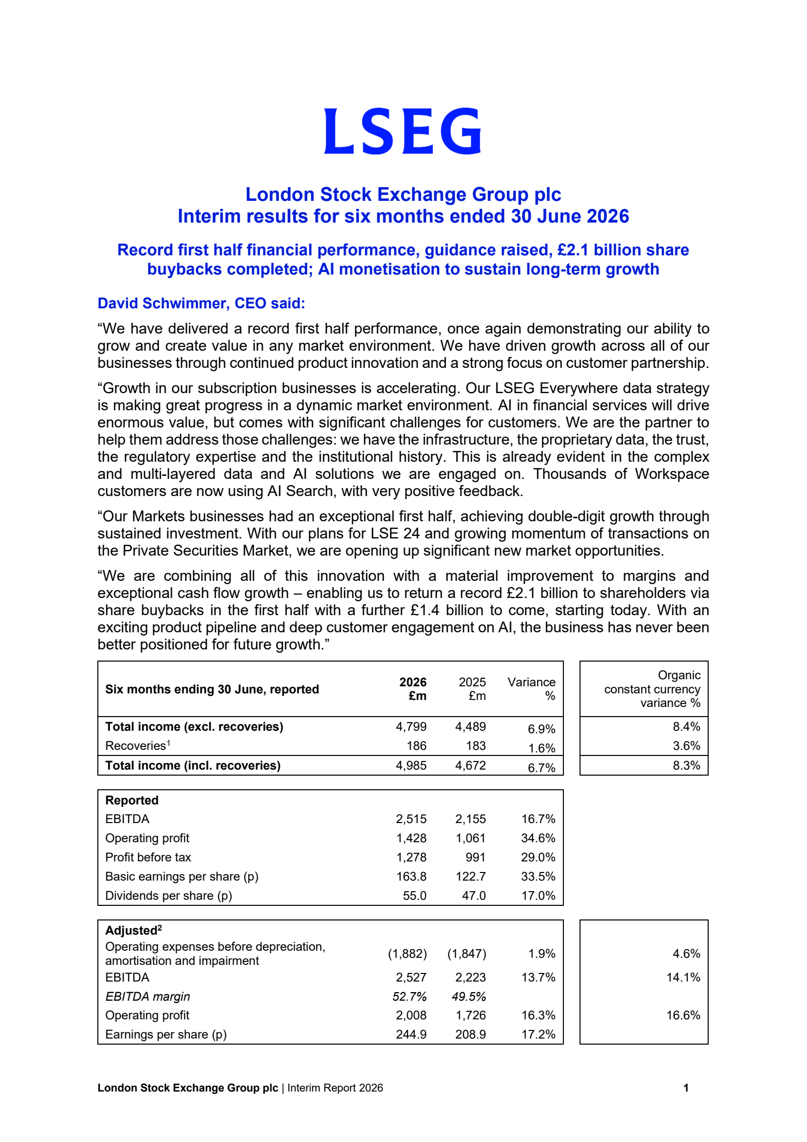 London Stock Exchange Group's H1 2026 Interim report
