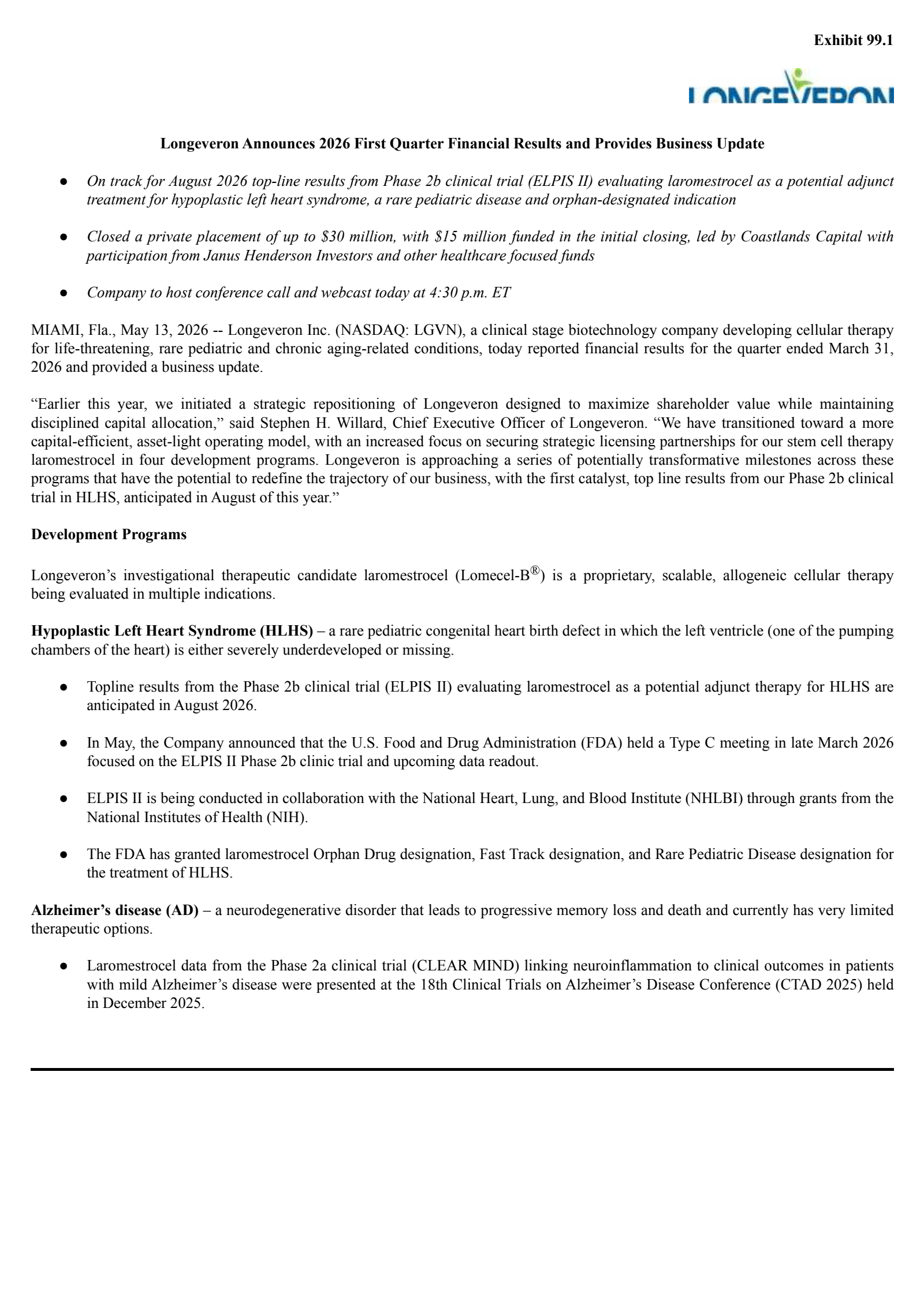 Longeveron's Q1 2026 Press Release