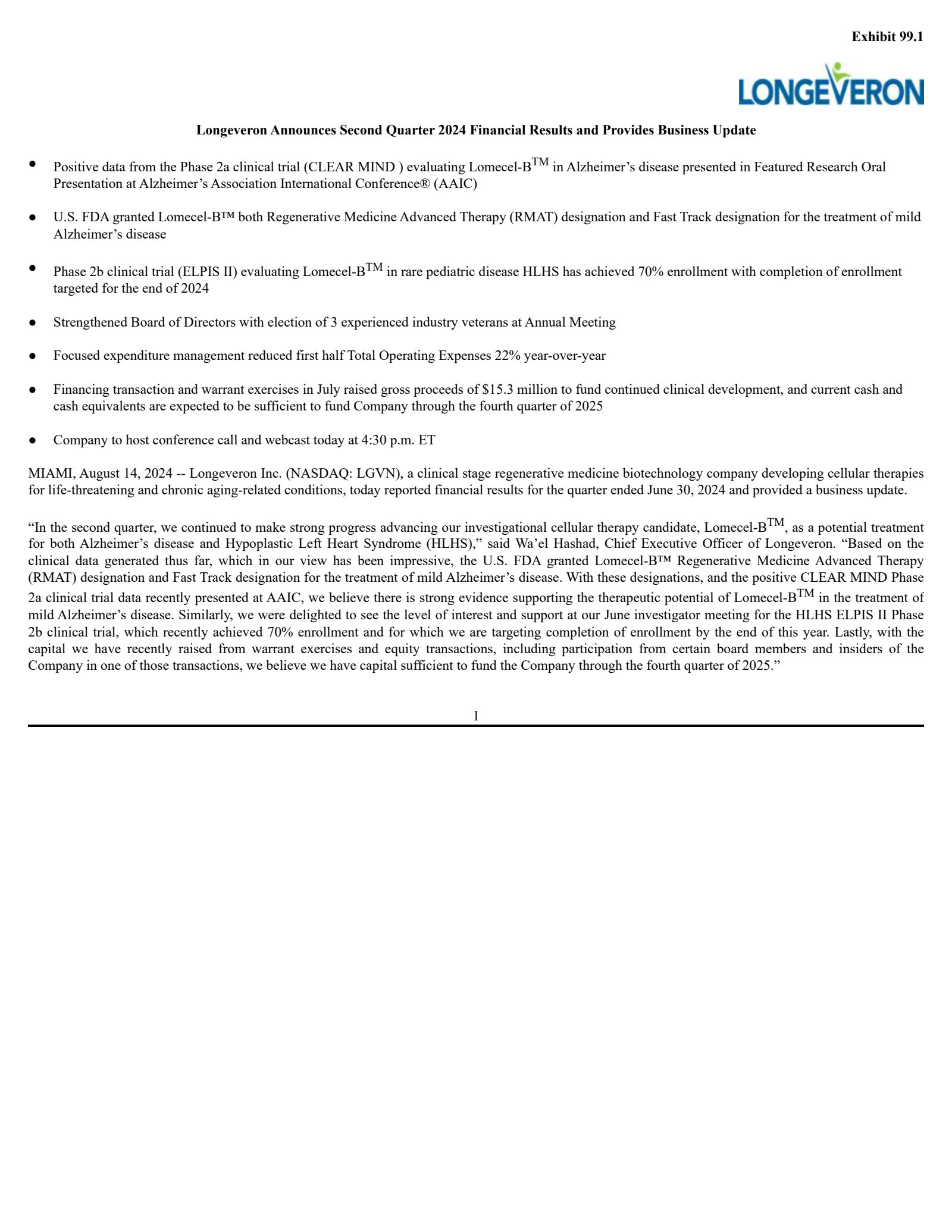 Longeveron's Q2 2024 Press Release