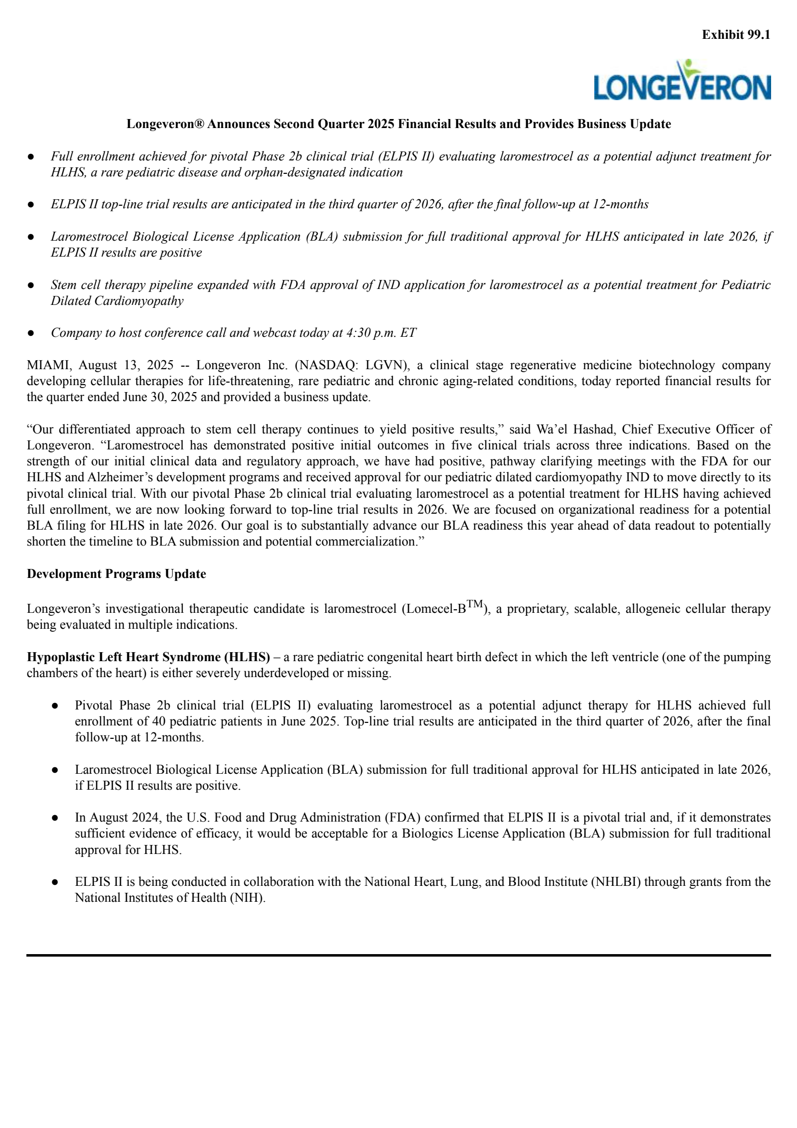 Longeveron's Q2 2025 Press Release
