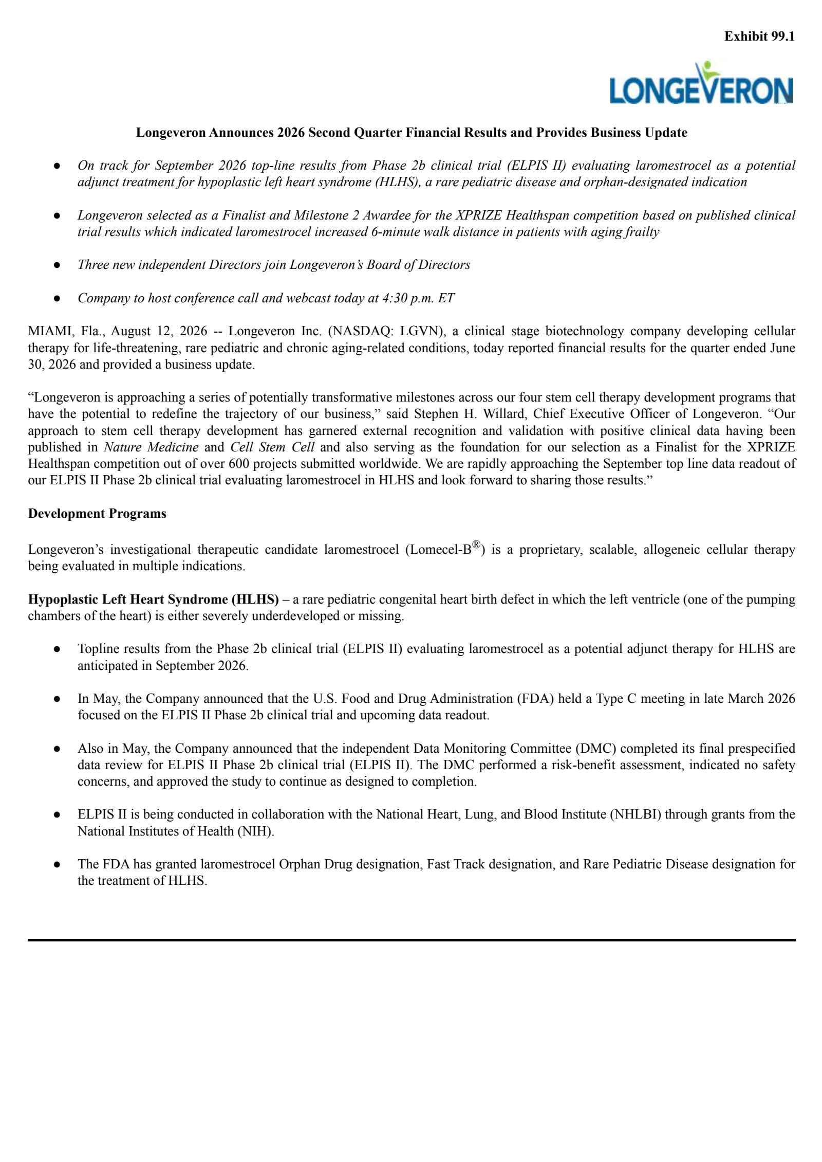 Longeveron's Q2 2026 Press Release