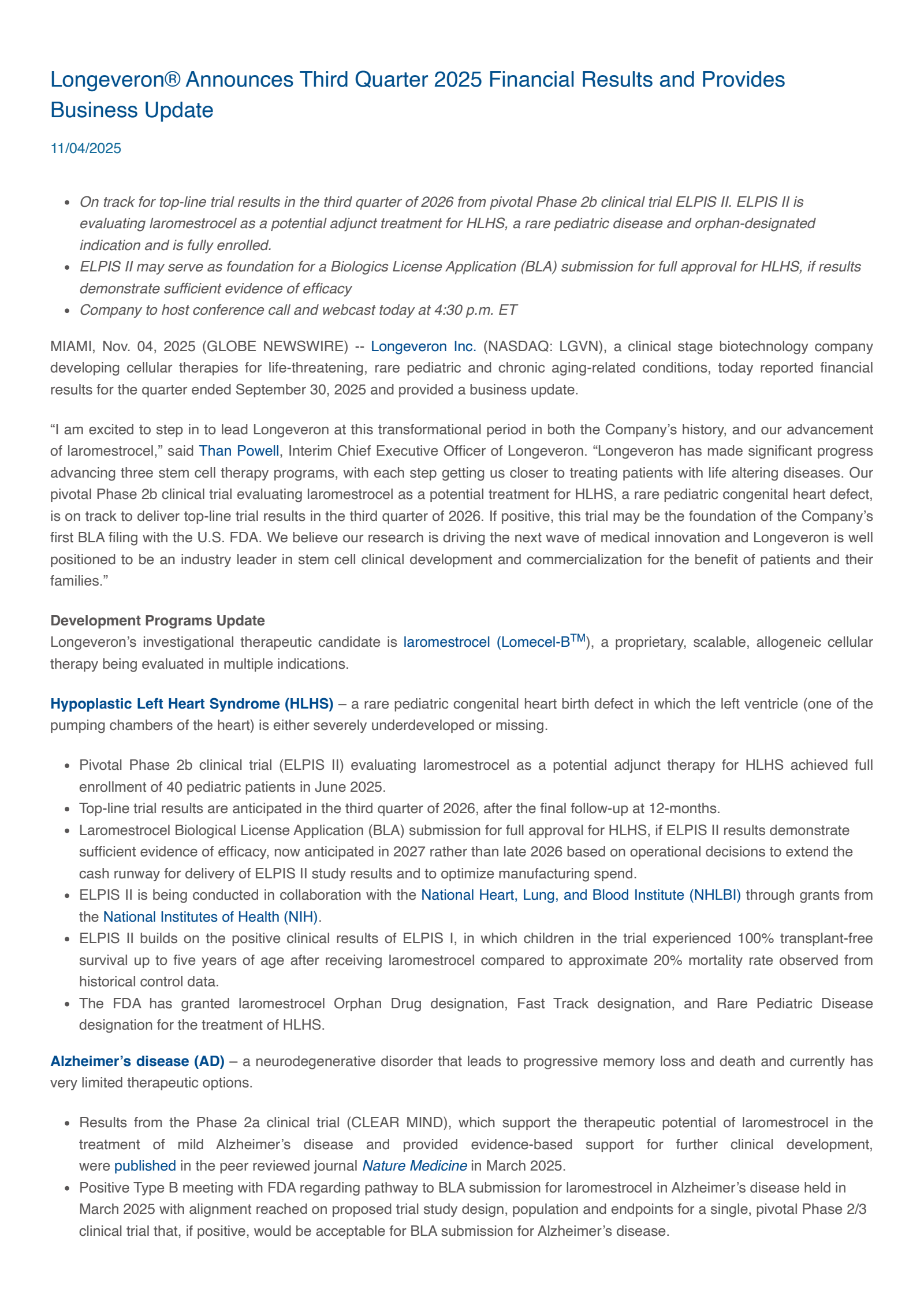 Longeveron's Q3 2025 Earnings Release