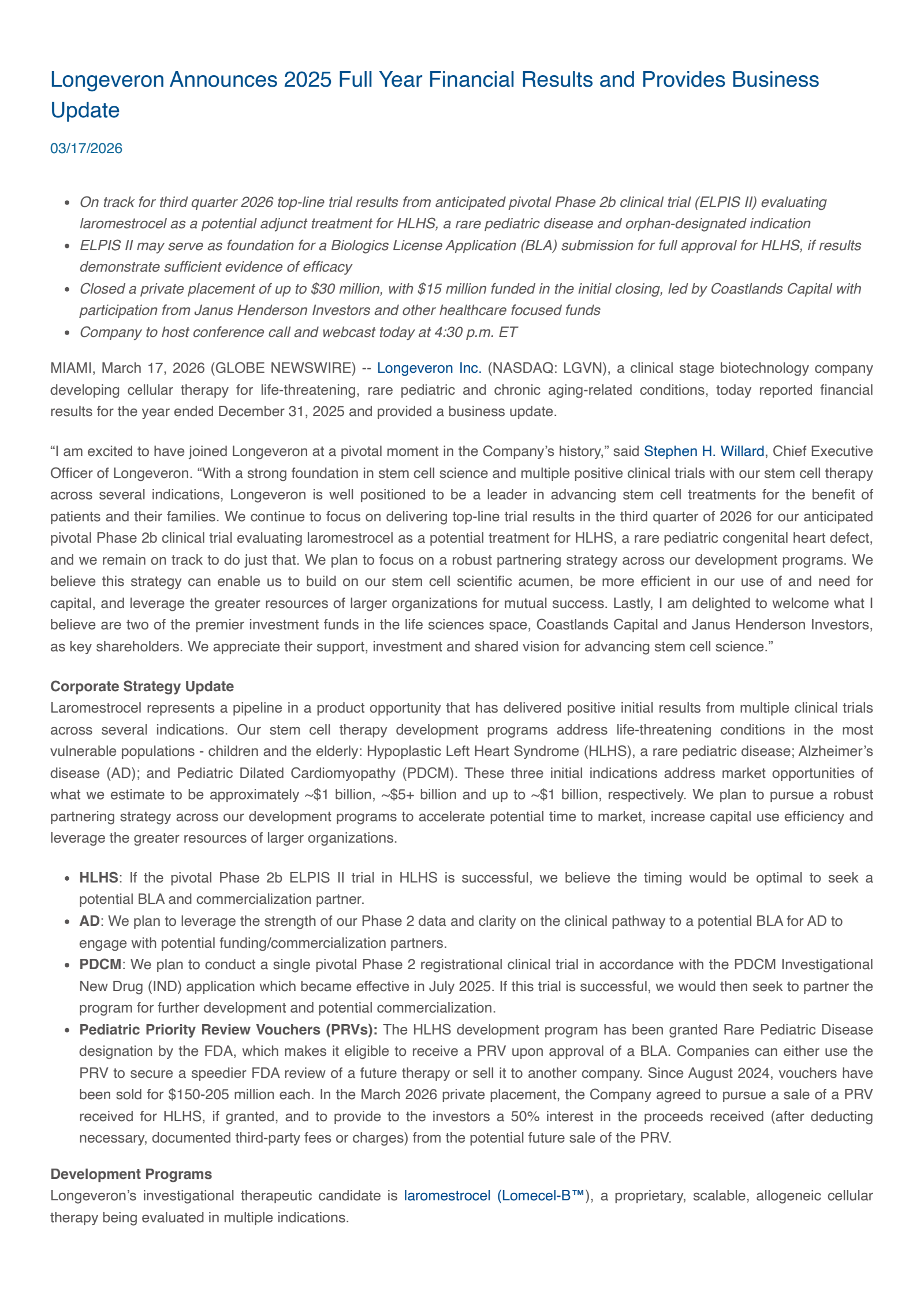 Longeveron's Q4 2025 Press Release