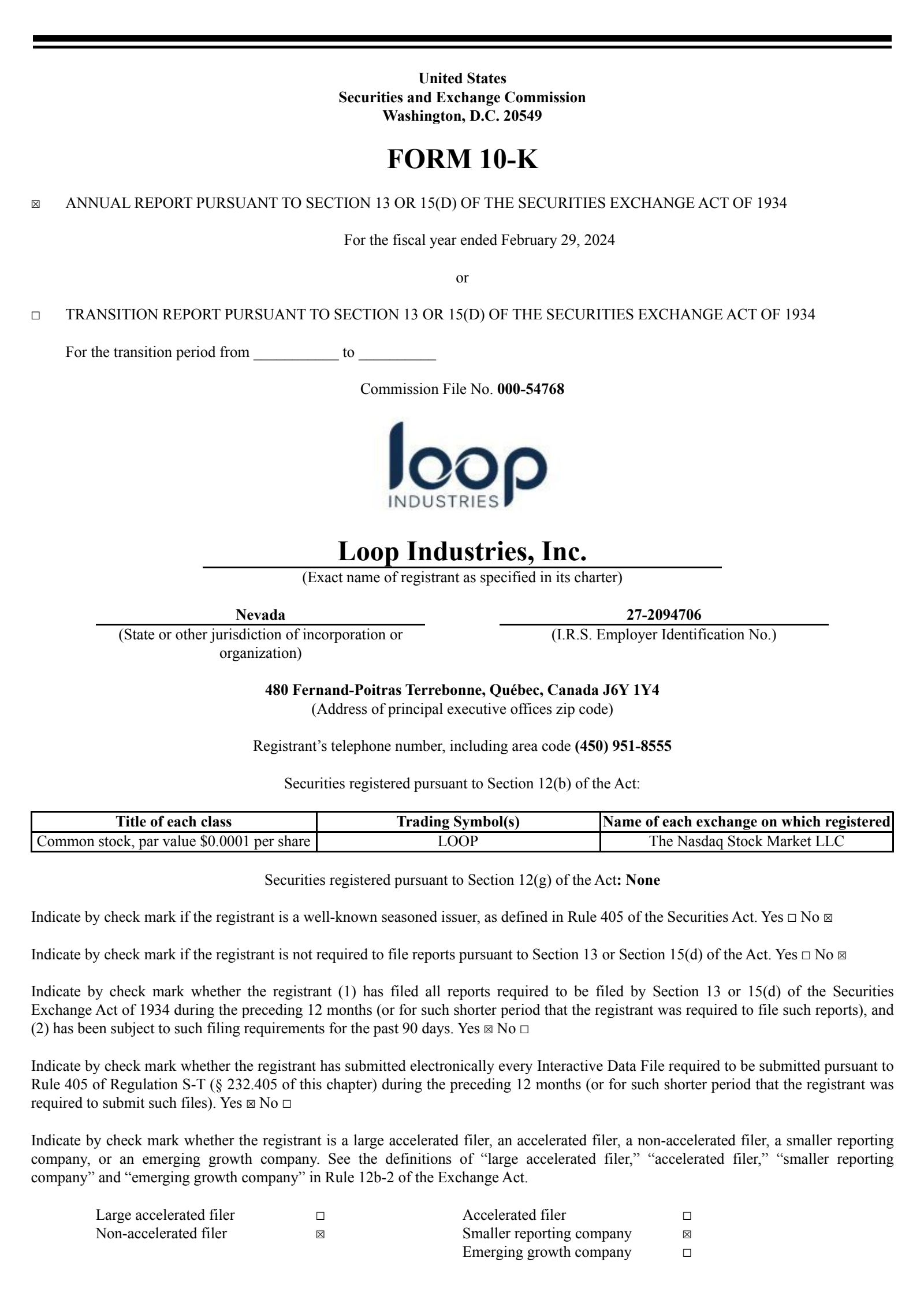 Loop Industries' Q4 2024 Annual report