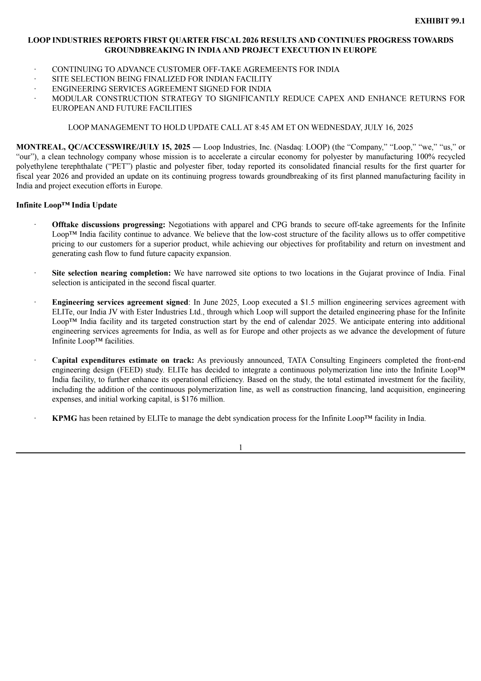 Loop Industries' Q1 2026 Press Release