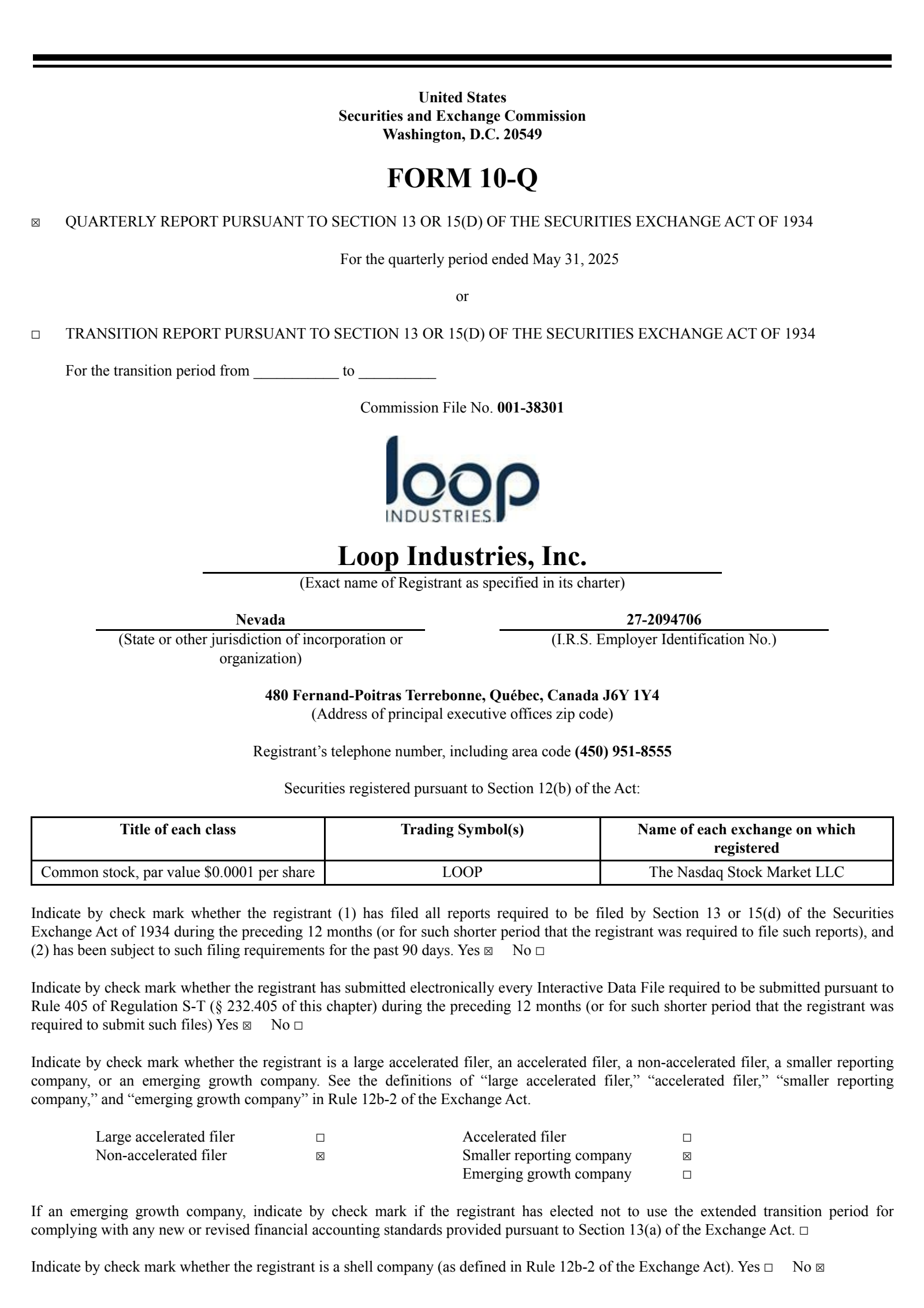 Loop Industries' Q1 2026 Quarterly report