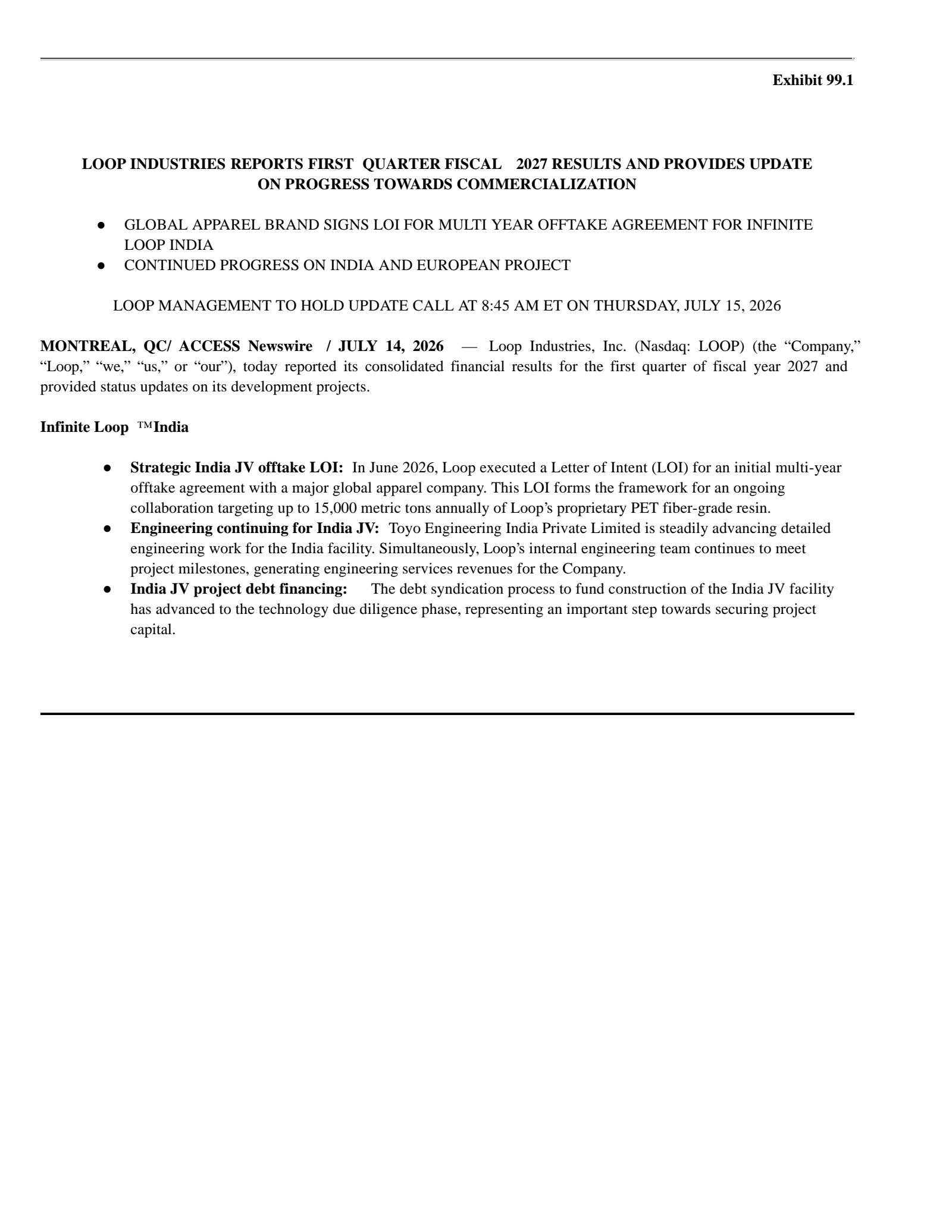Loop Industries' Q1 2027 Press Release