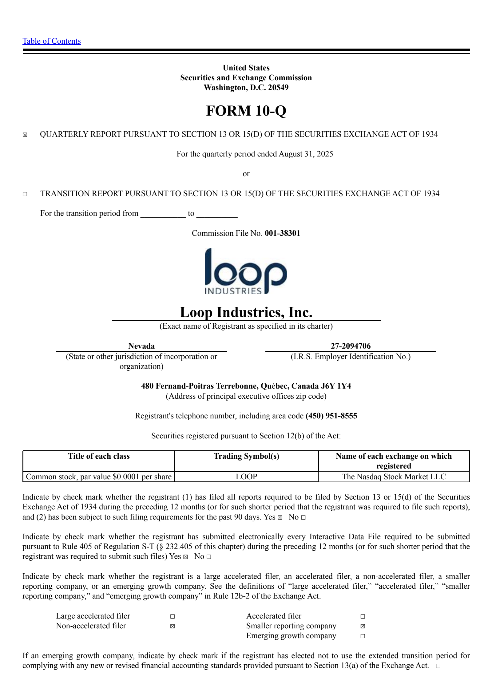 Loop Industries' Q2 2026 Quarterly Report