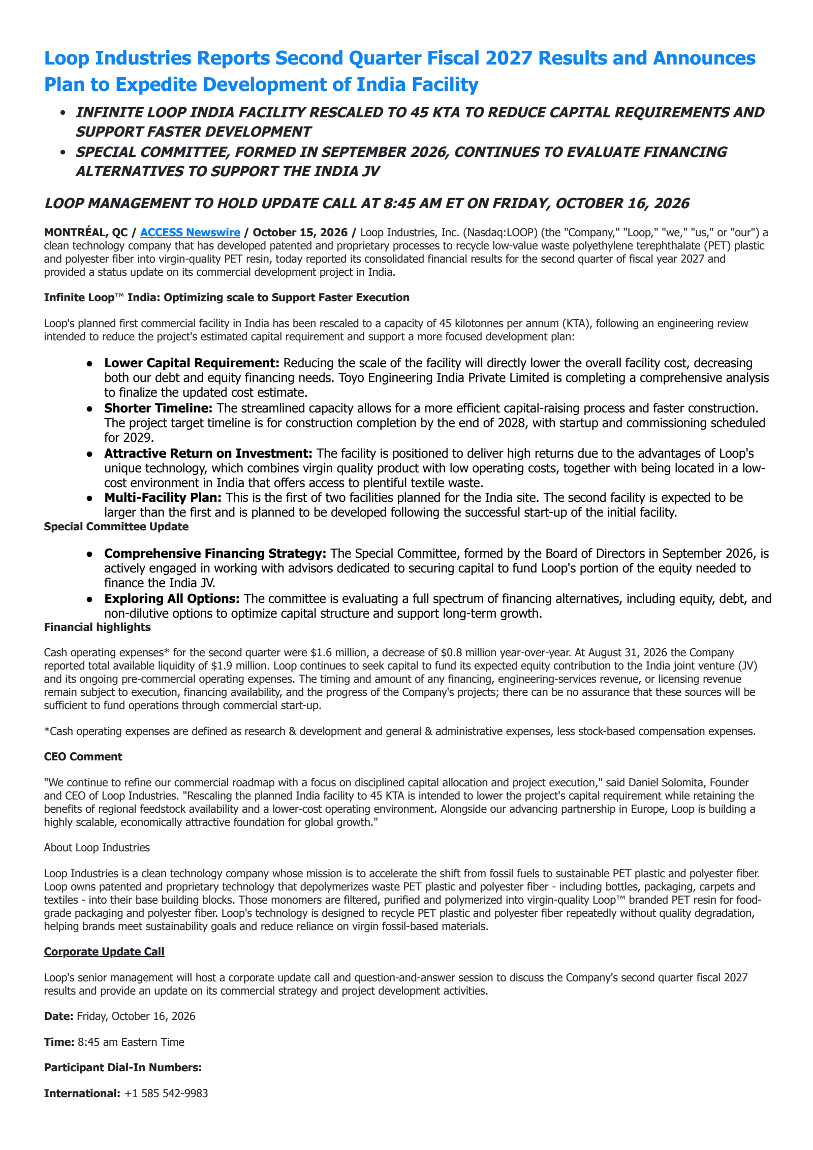 Loop Industries (LOOP) Q2 2027 Earnings Results & Report