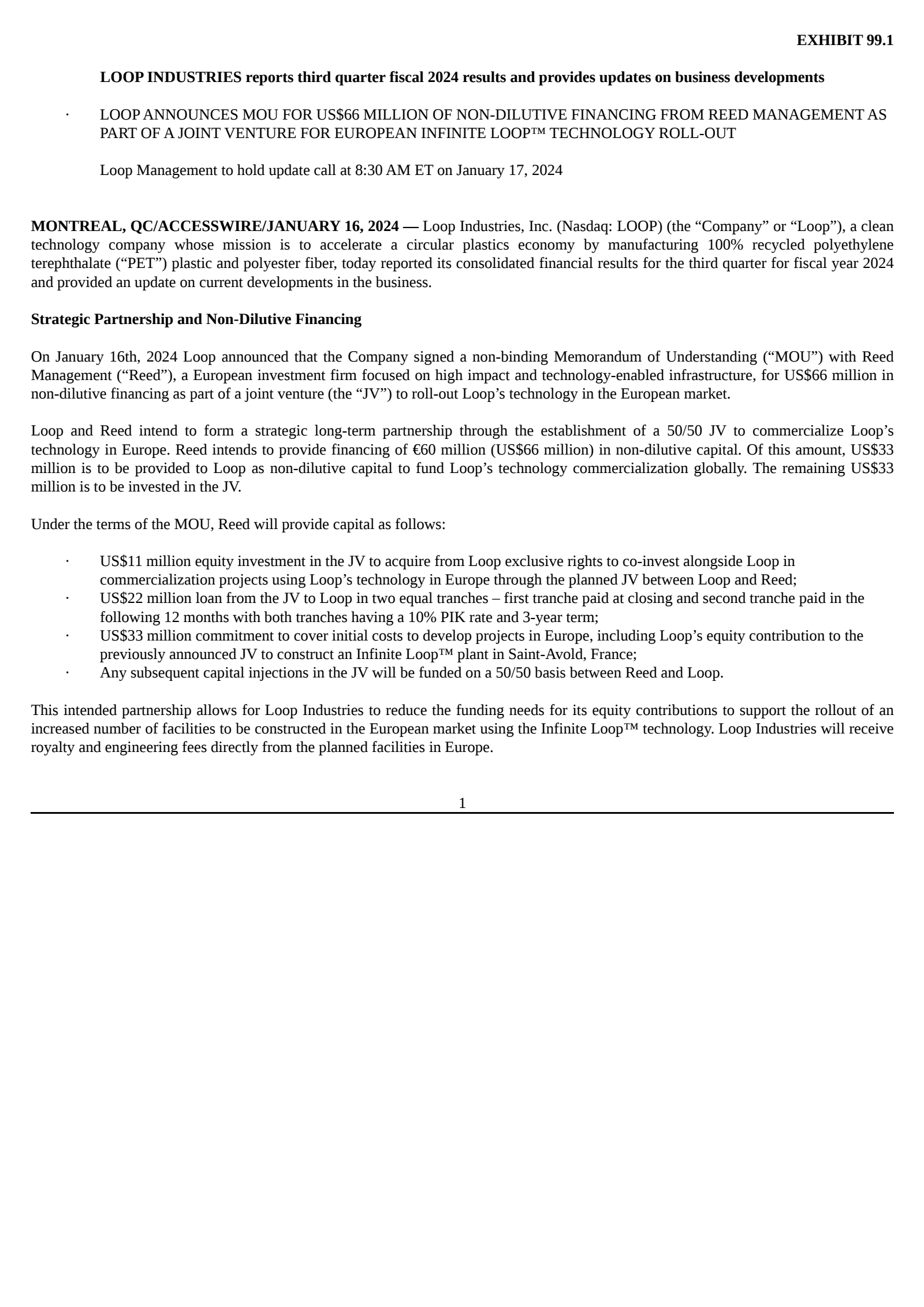 Loop Industries' Q3 2024 Press Release