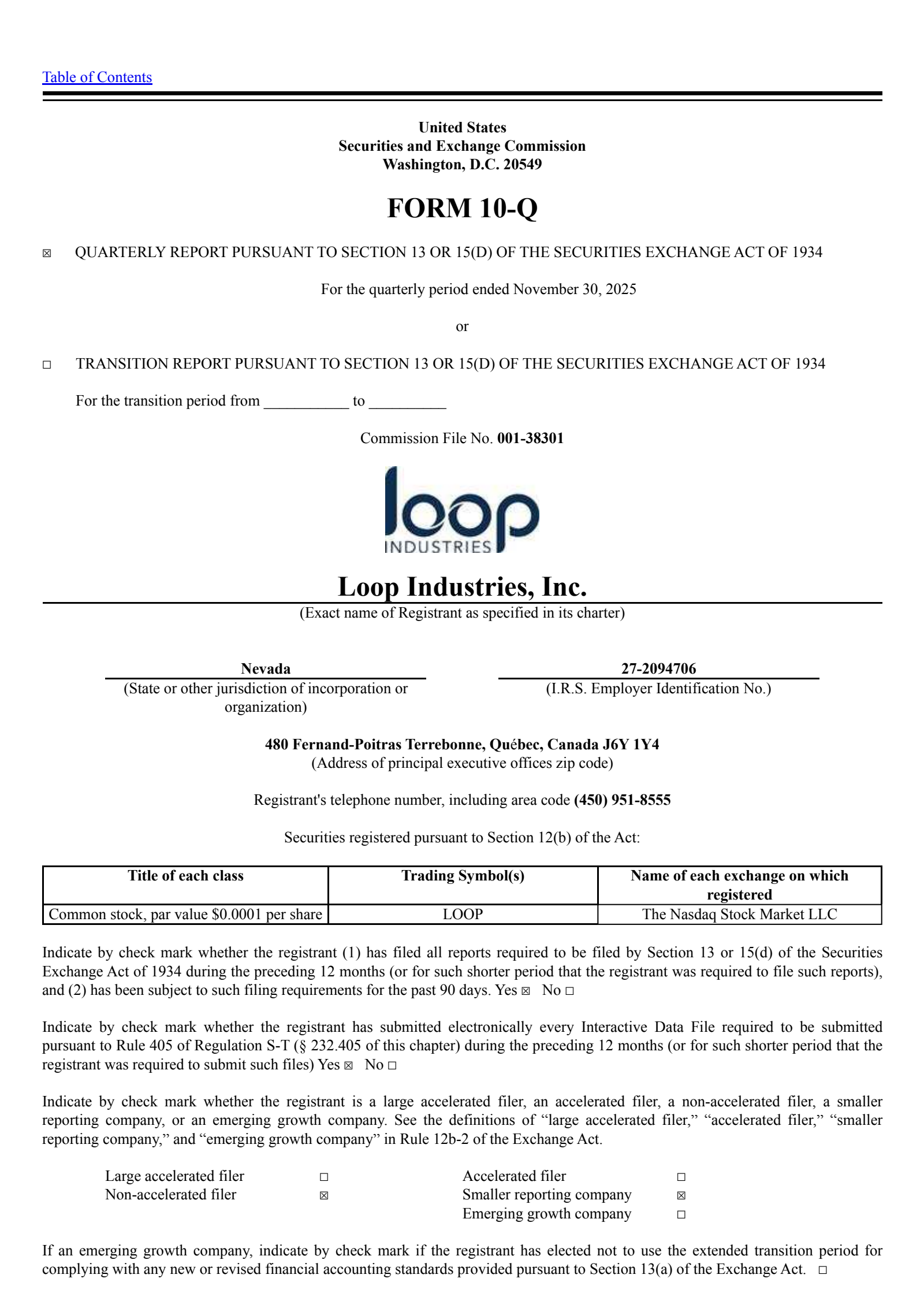 Loop Industries' Q3 2026 Quarterly report