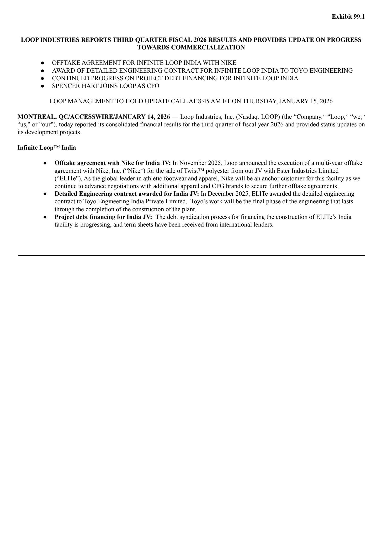 Loop Industries' Q3 2026 Press Release