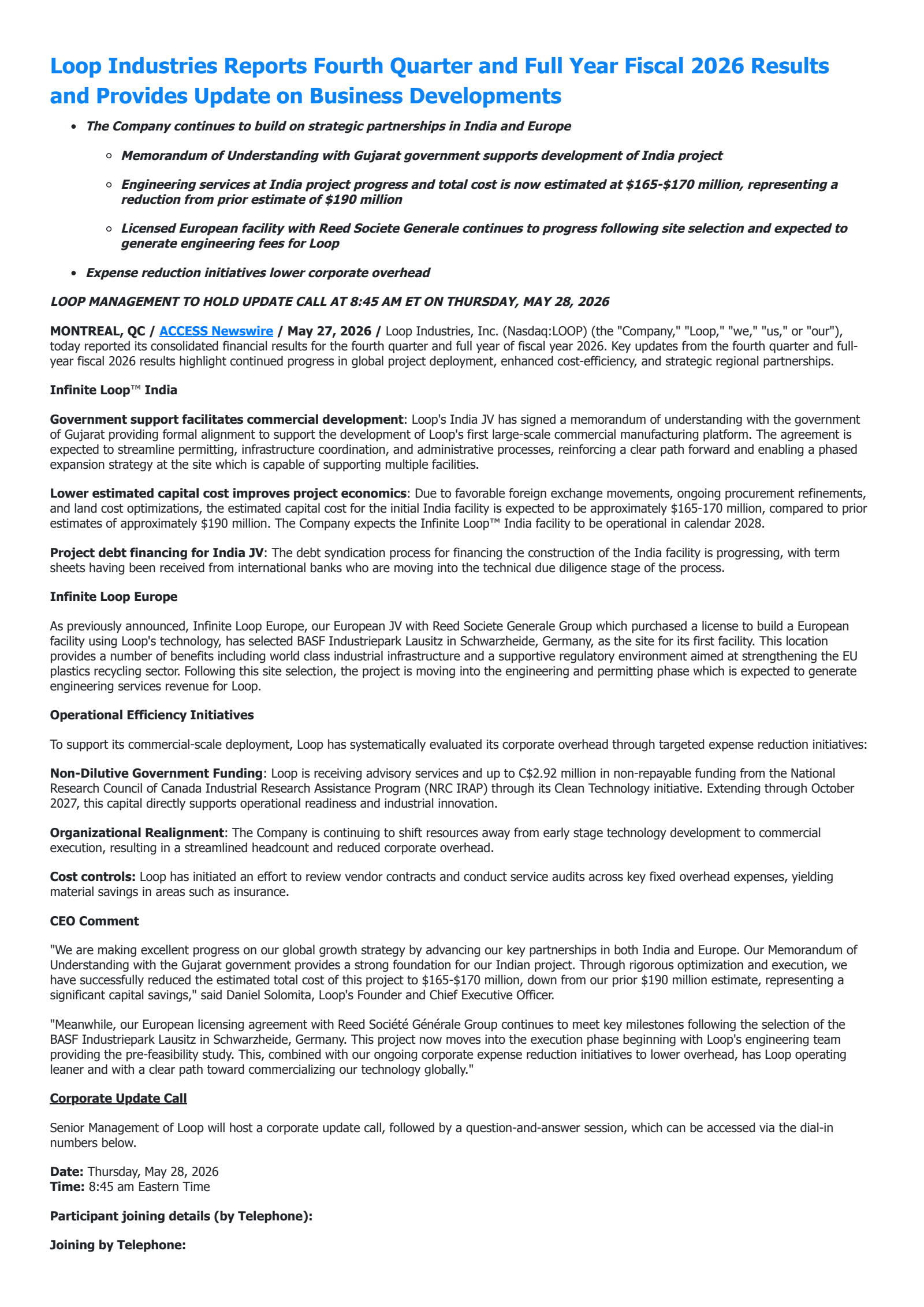 Loop Industries' Q4 2026 Press Release