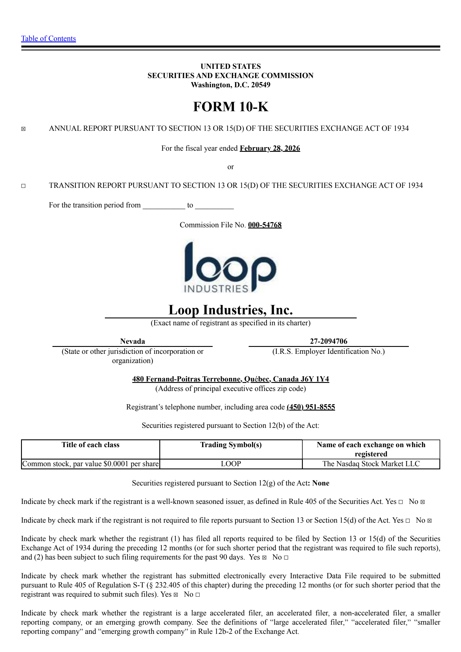 Loop Industries' Q4 2026 Annual report