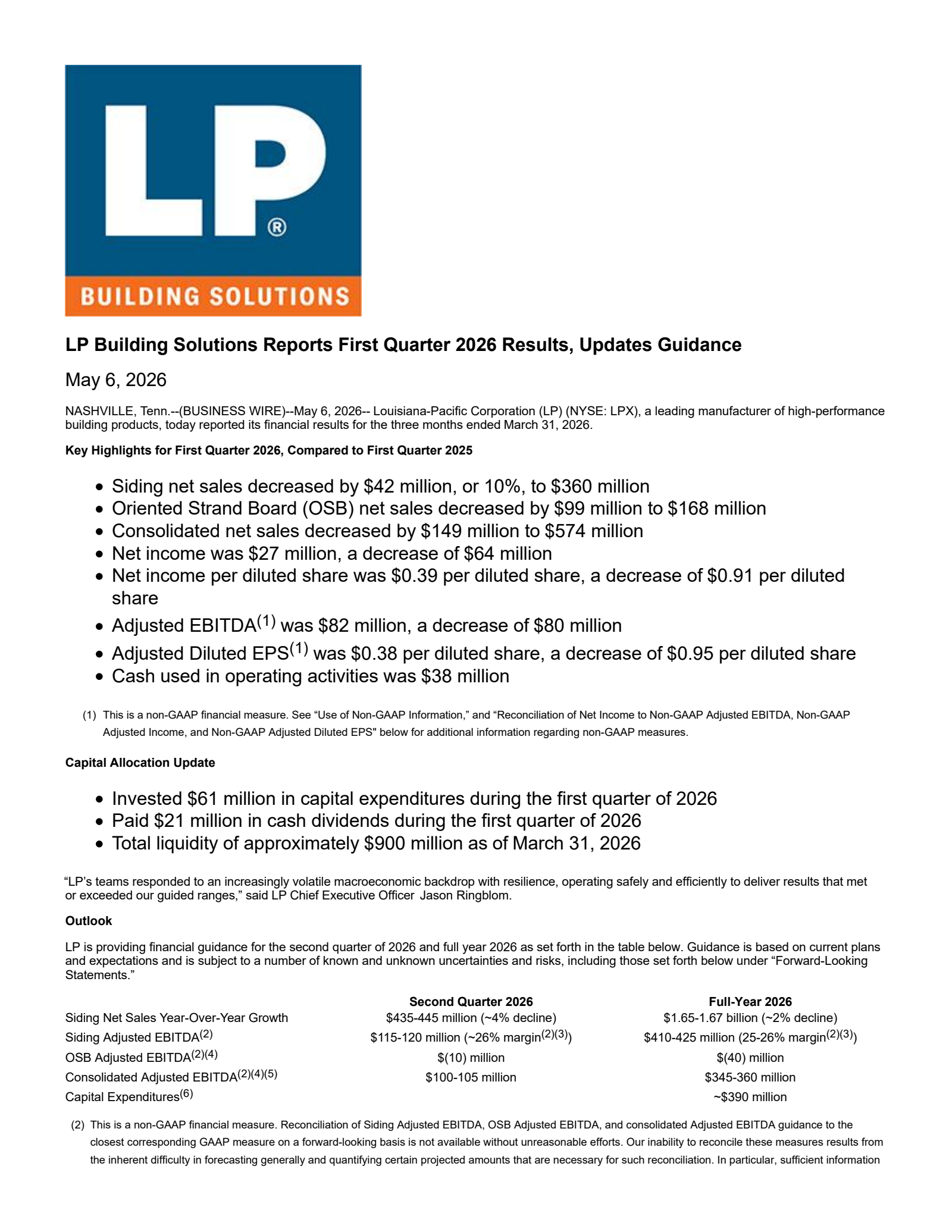 Louisiana-Pacific's Q1 2026 Press Release