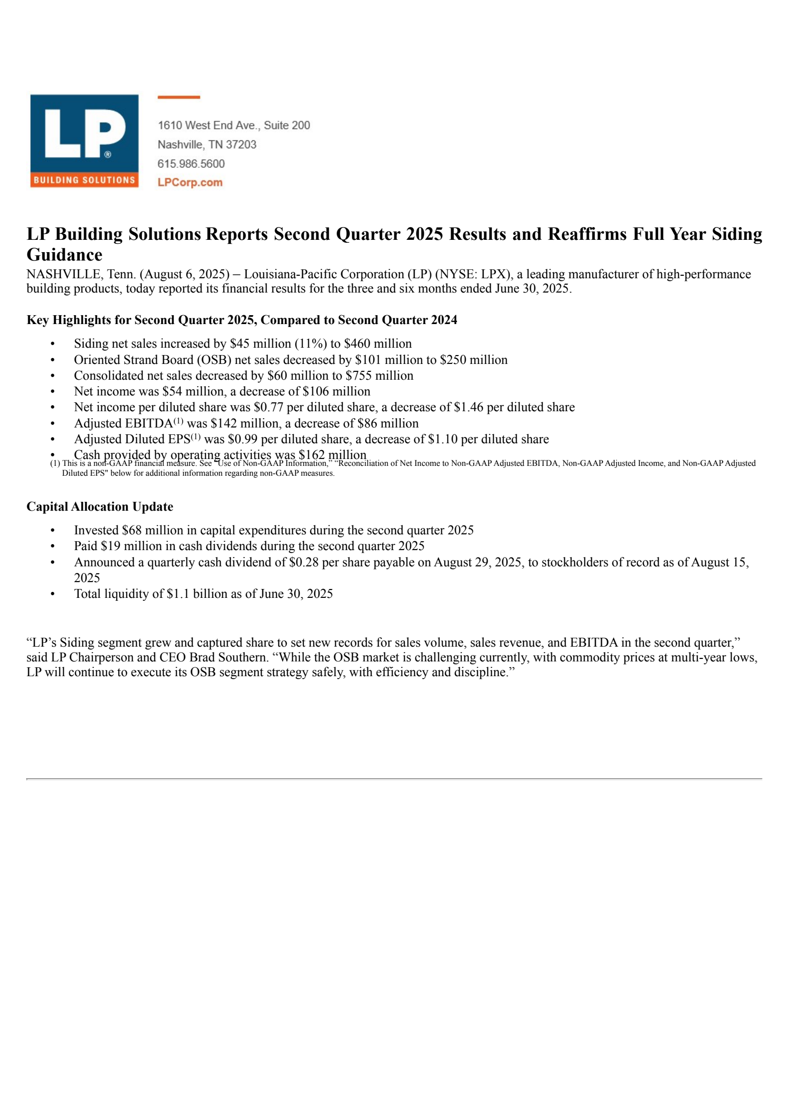 Louisiana-Pacific's Q2 2025 Press Release