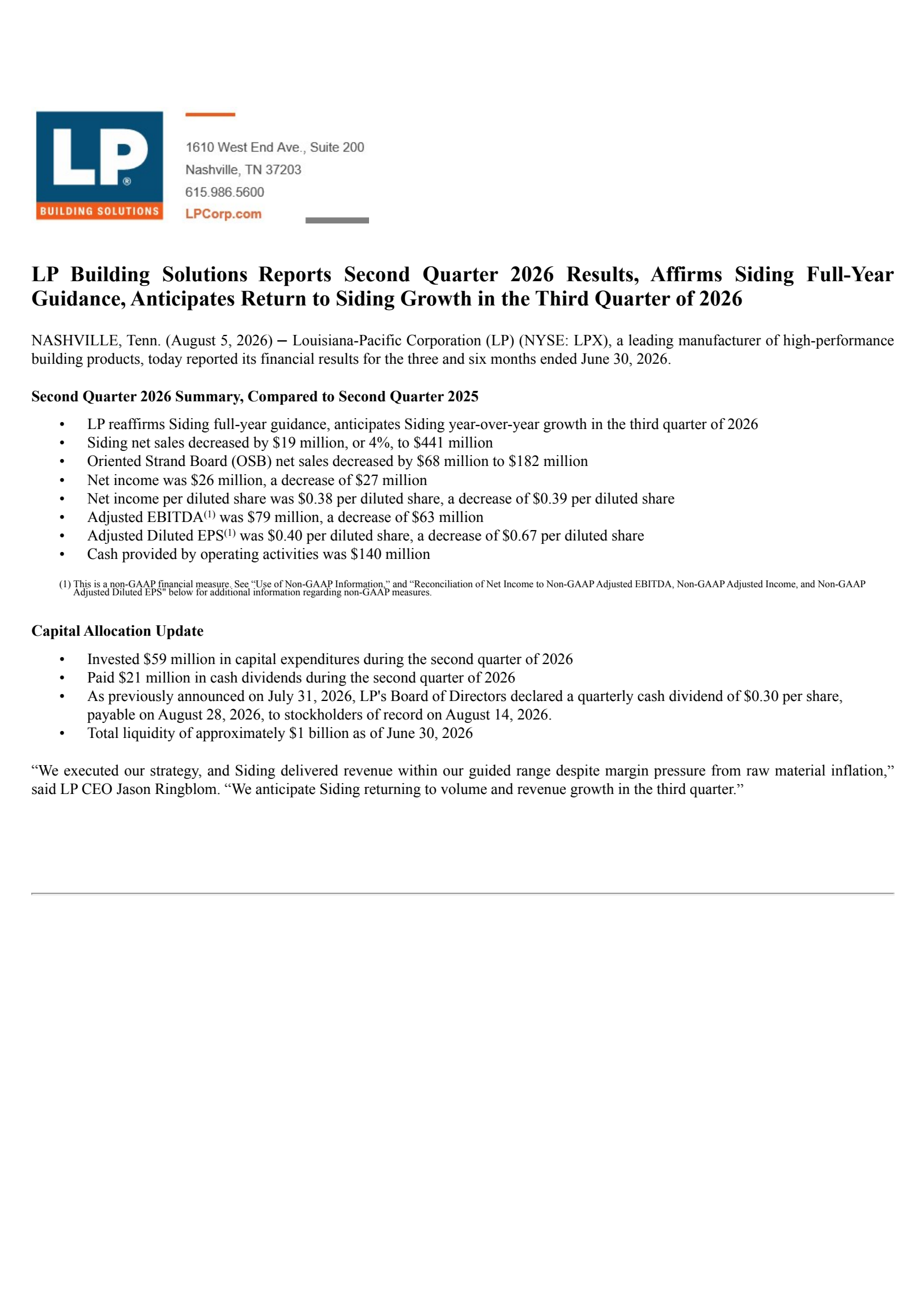 Louisiana-Pacific's Q2 2026 Press Release