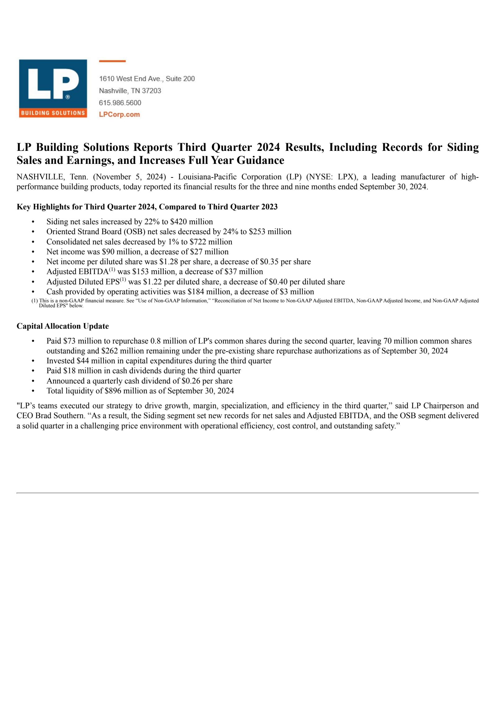 Louisiana-Pacific's Q3 2024 Press Release