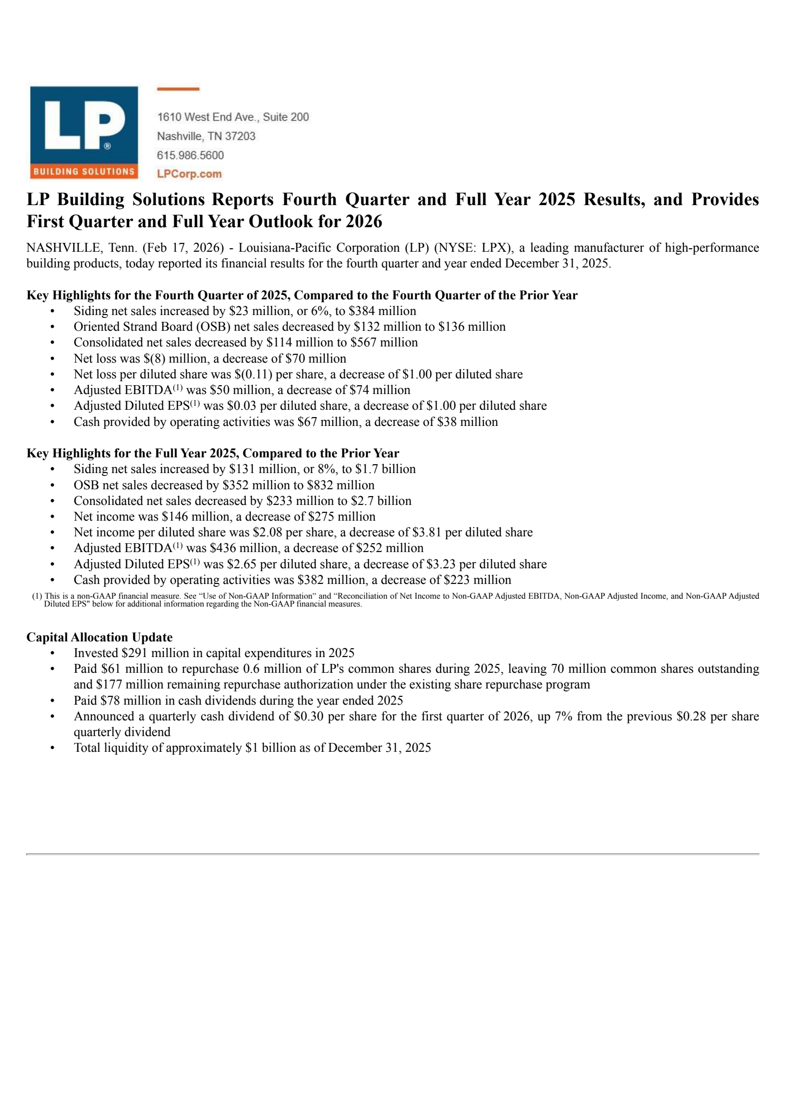 Louisiana-Pacific's Q4 2025 Press Release