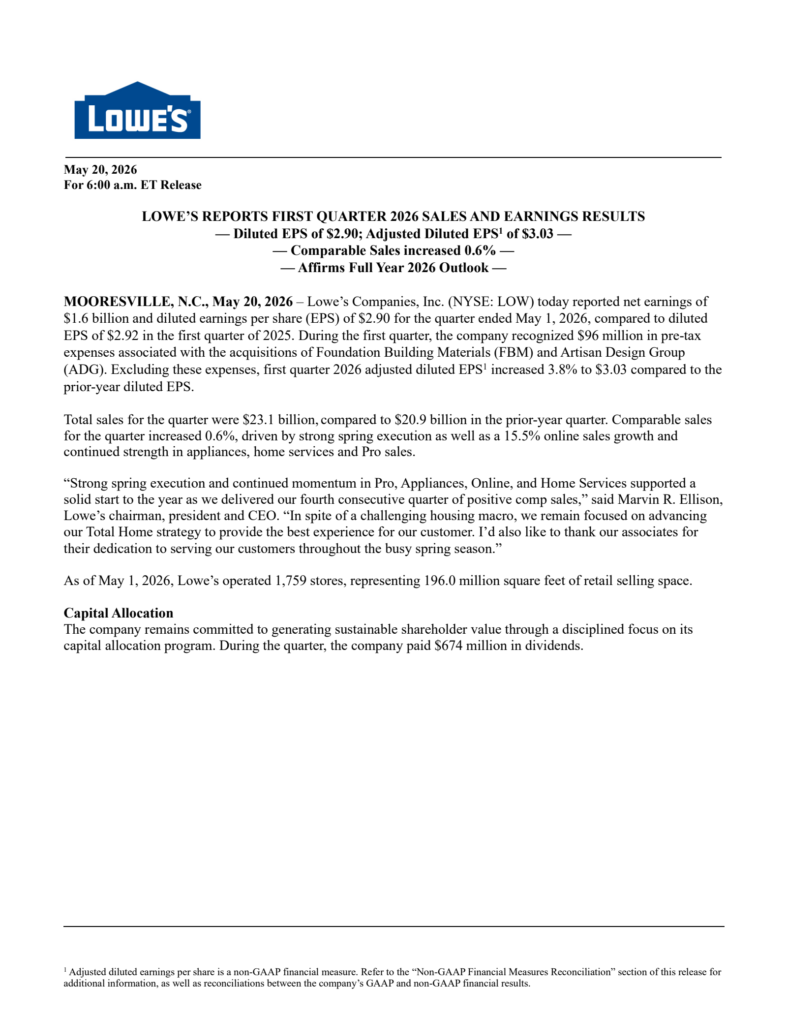 Lowe's Companies' Q1 2026 Press Release