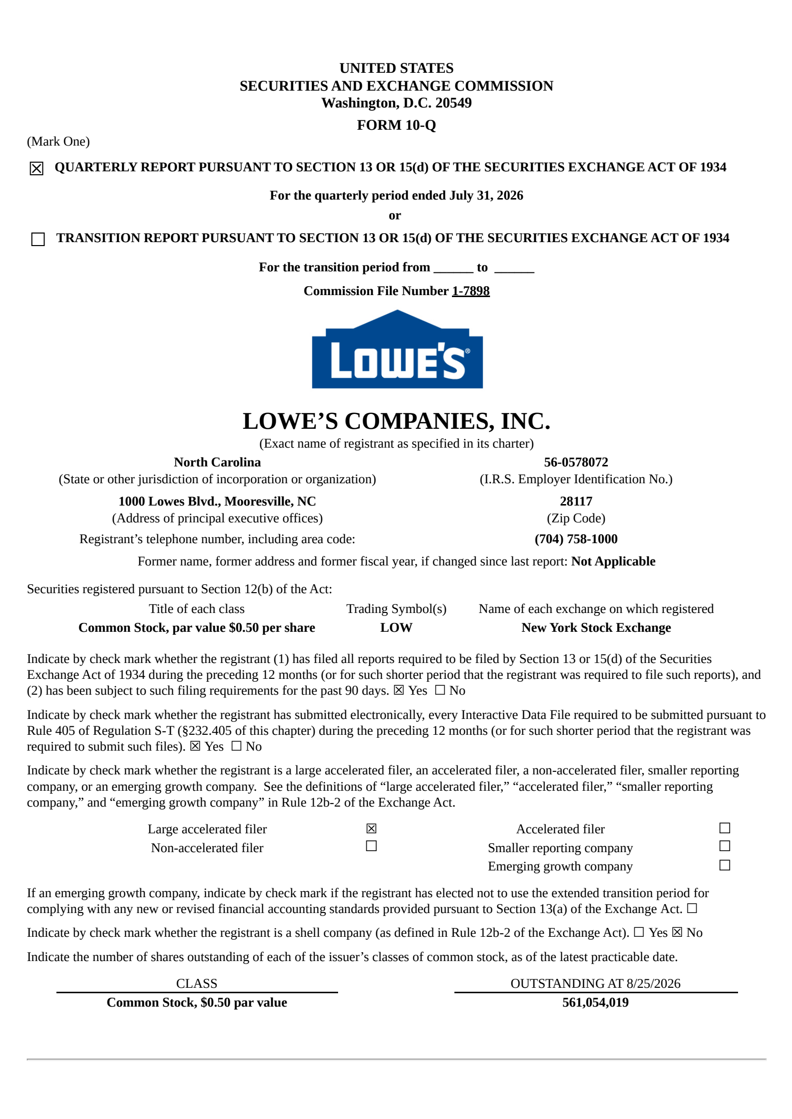 Lowe's Companies' Q2 2026 Quarterly report
