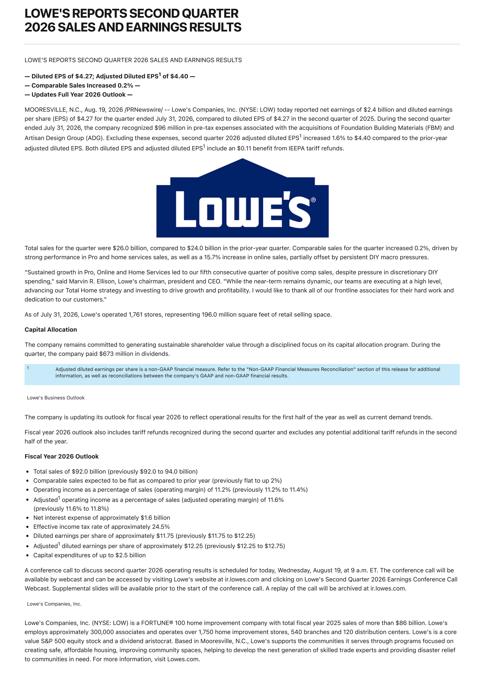 Lowe's Companies' Q2 2026 Press Release