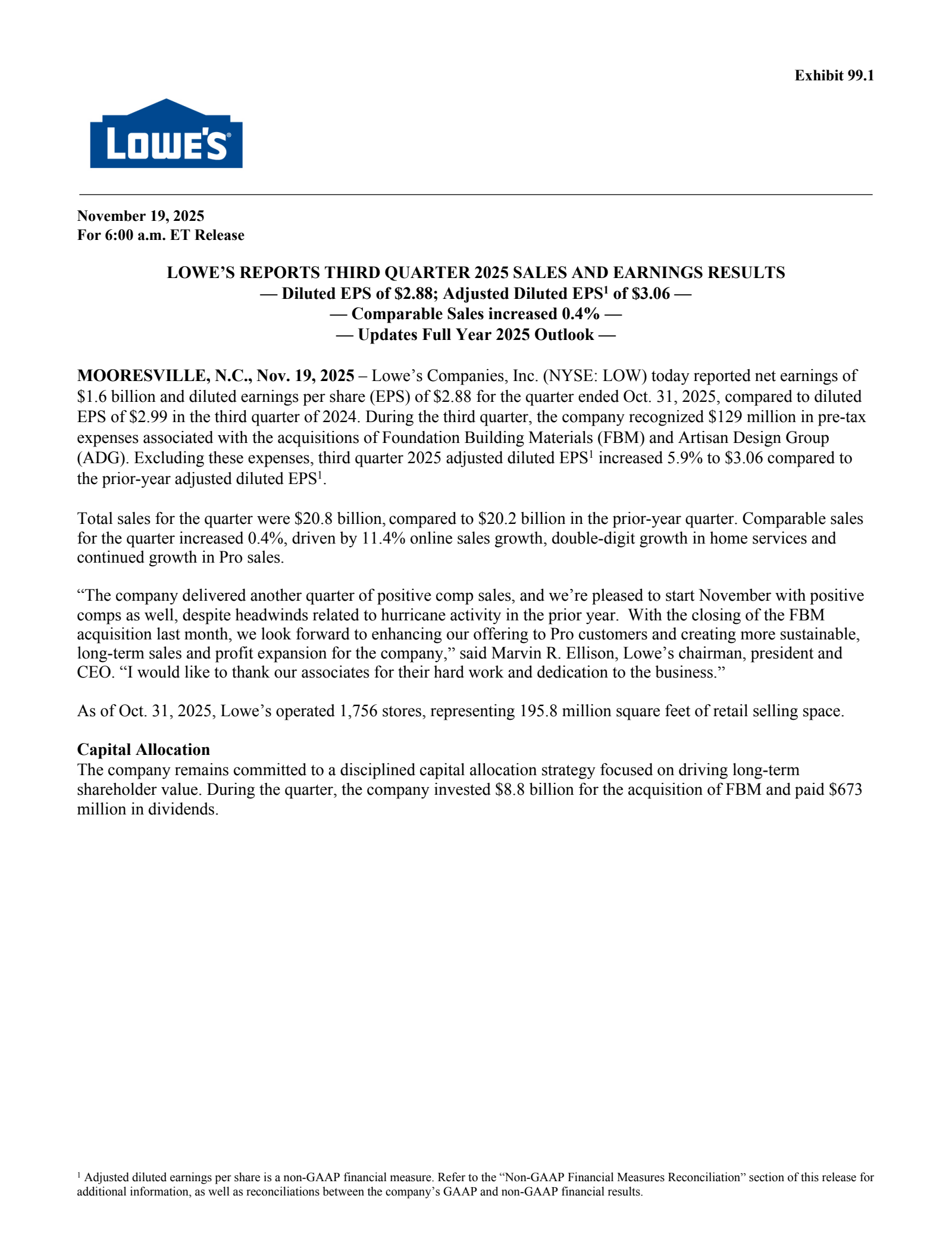 Lowe's Companies' Q3 2025 Earnings Release