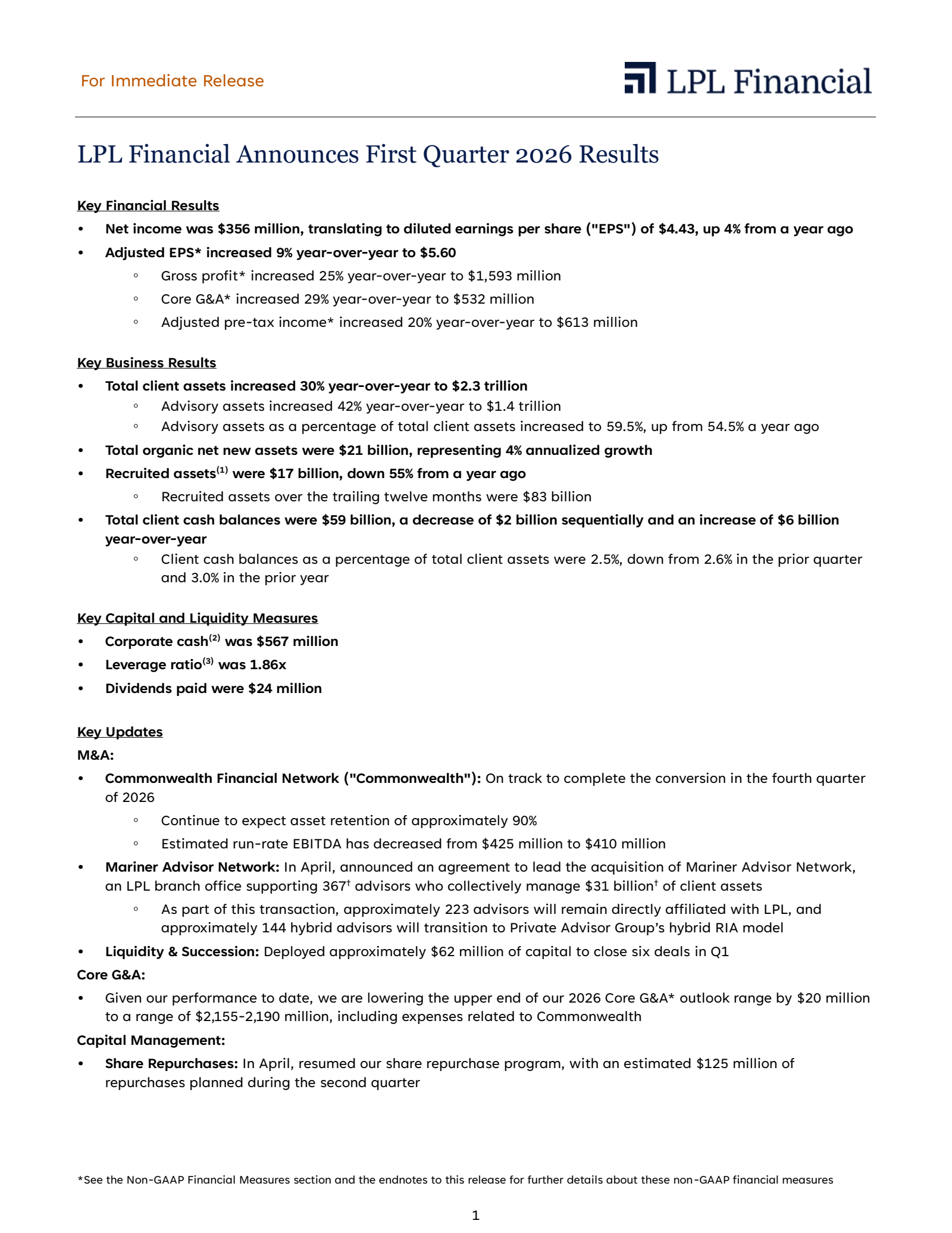LPL Financial's Q1 2026 Press Release