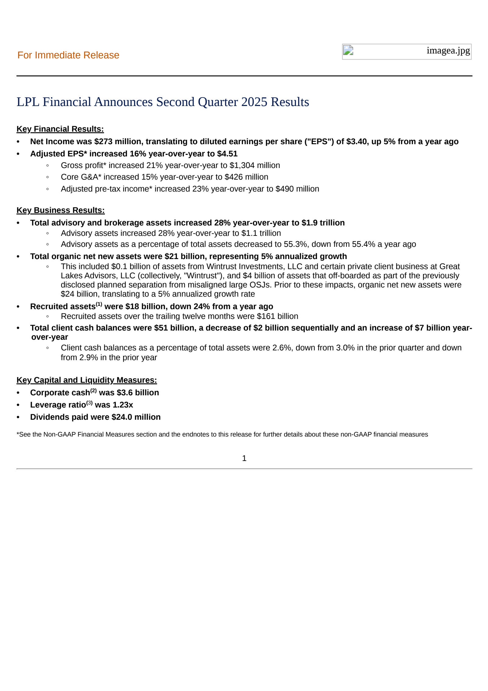 LPL Financial's Q2 2025 Press Release