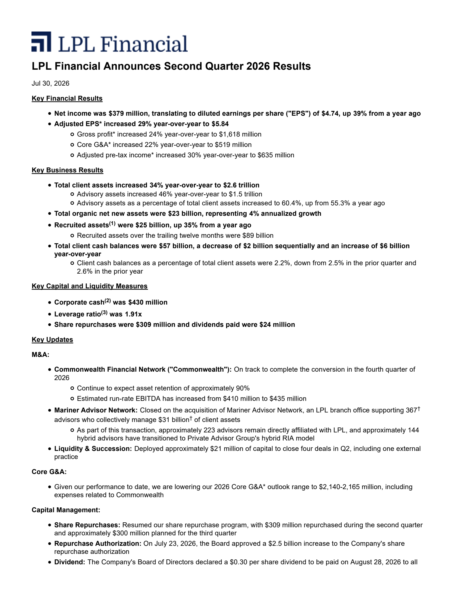 LPL Financial's Q2 2026 Press Release