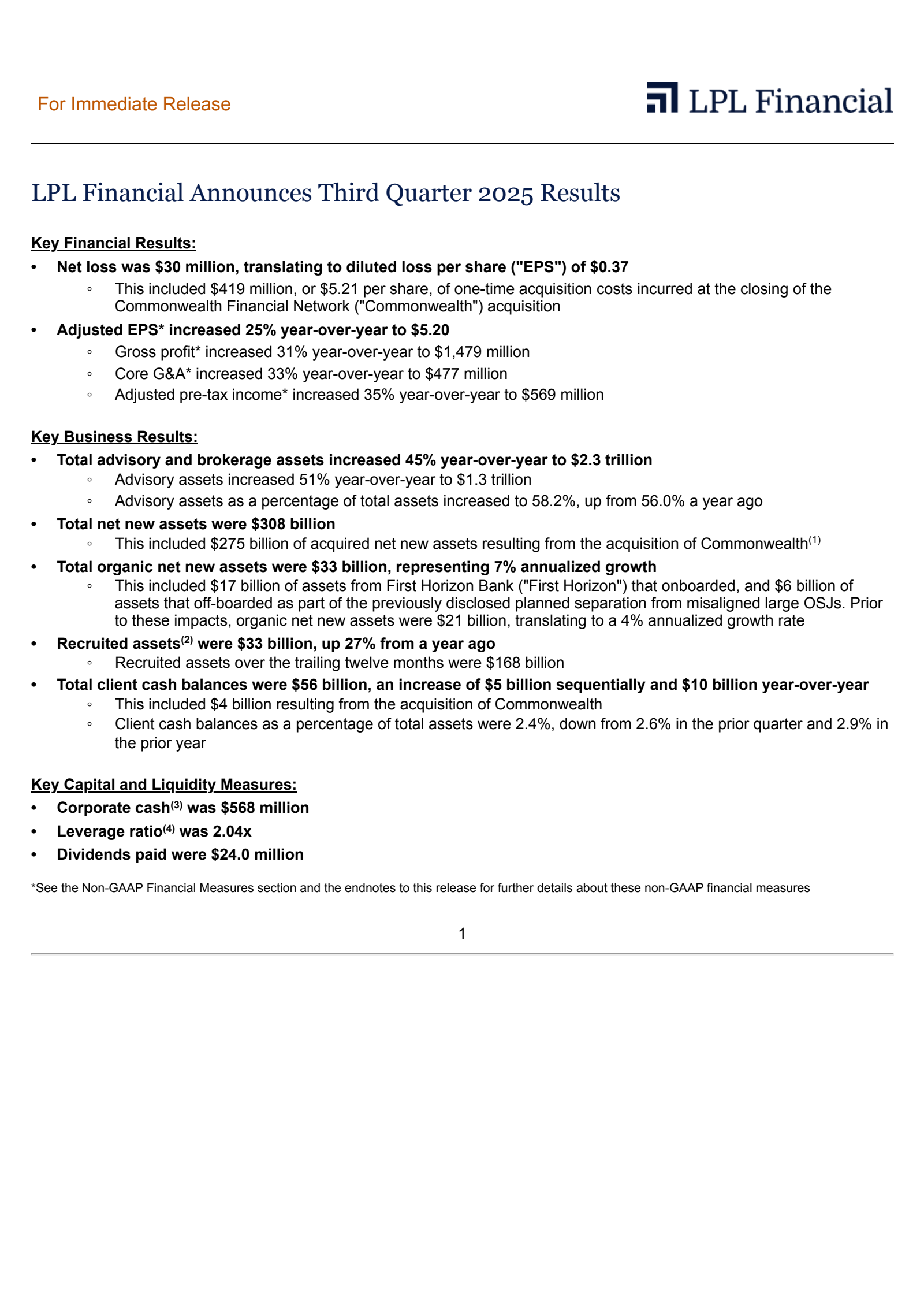 LPL Financial's Q3 2025 Earnings Release