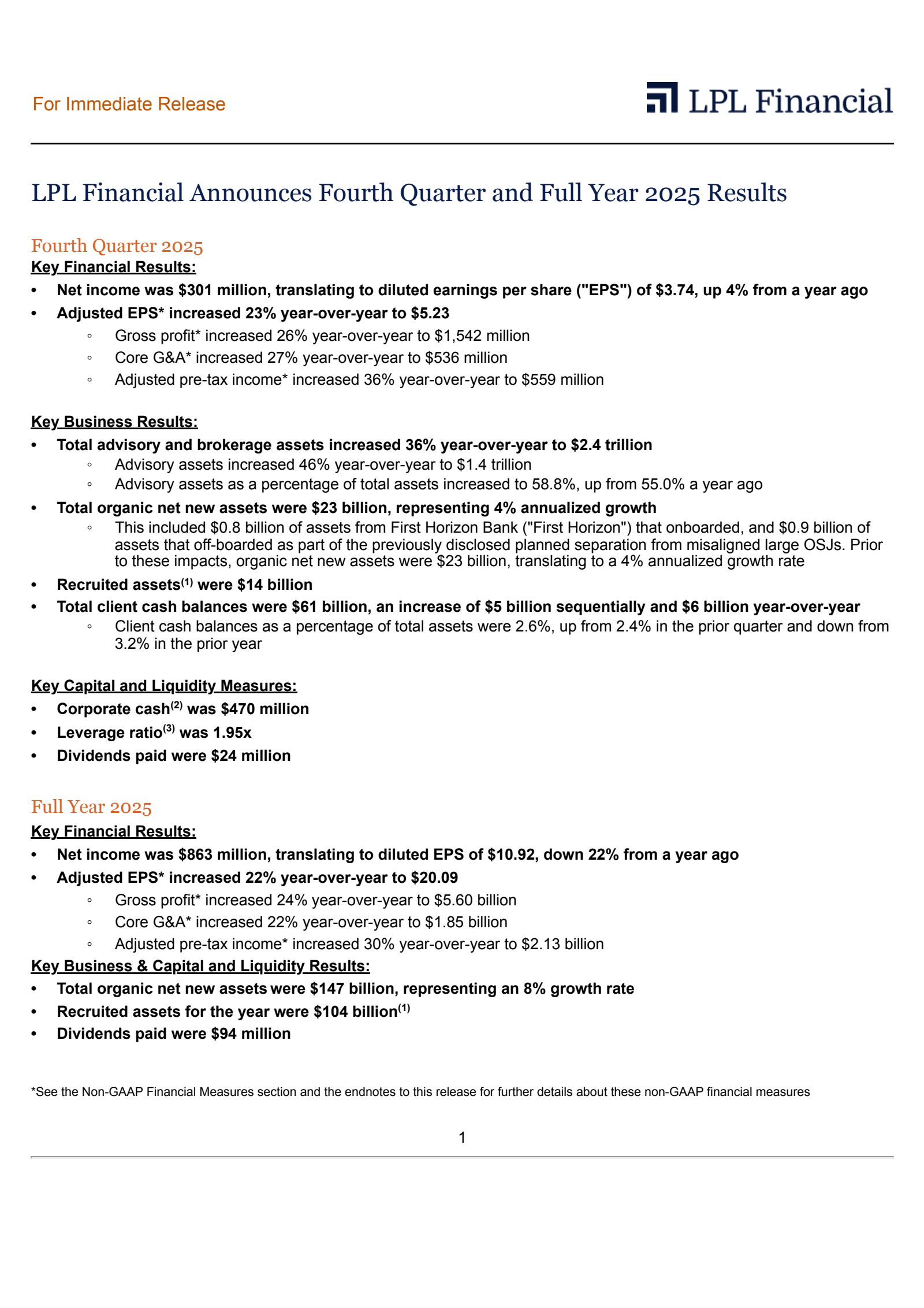 LPL Financial's Q4 2025 Press Release