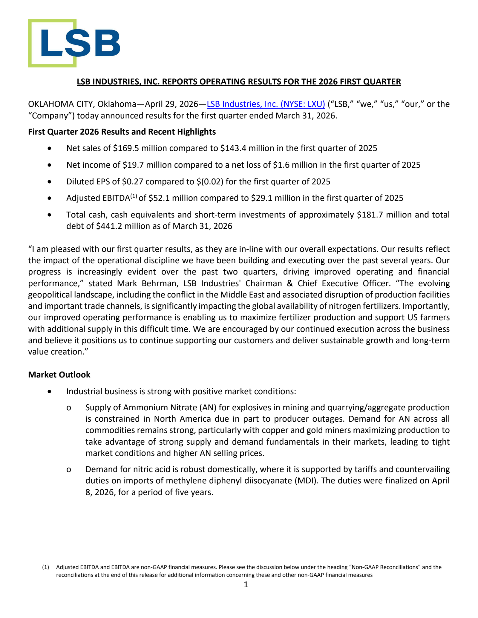 Lsb Industries' Q1 2026 Press Release
