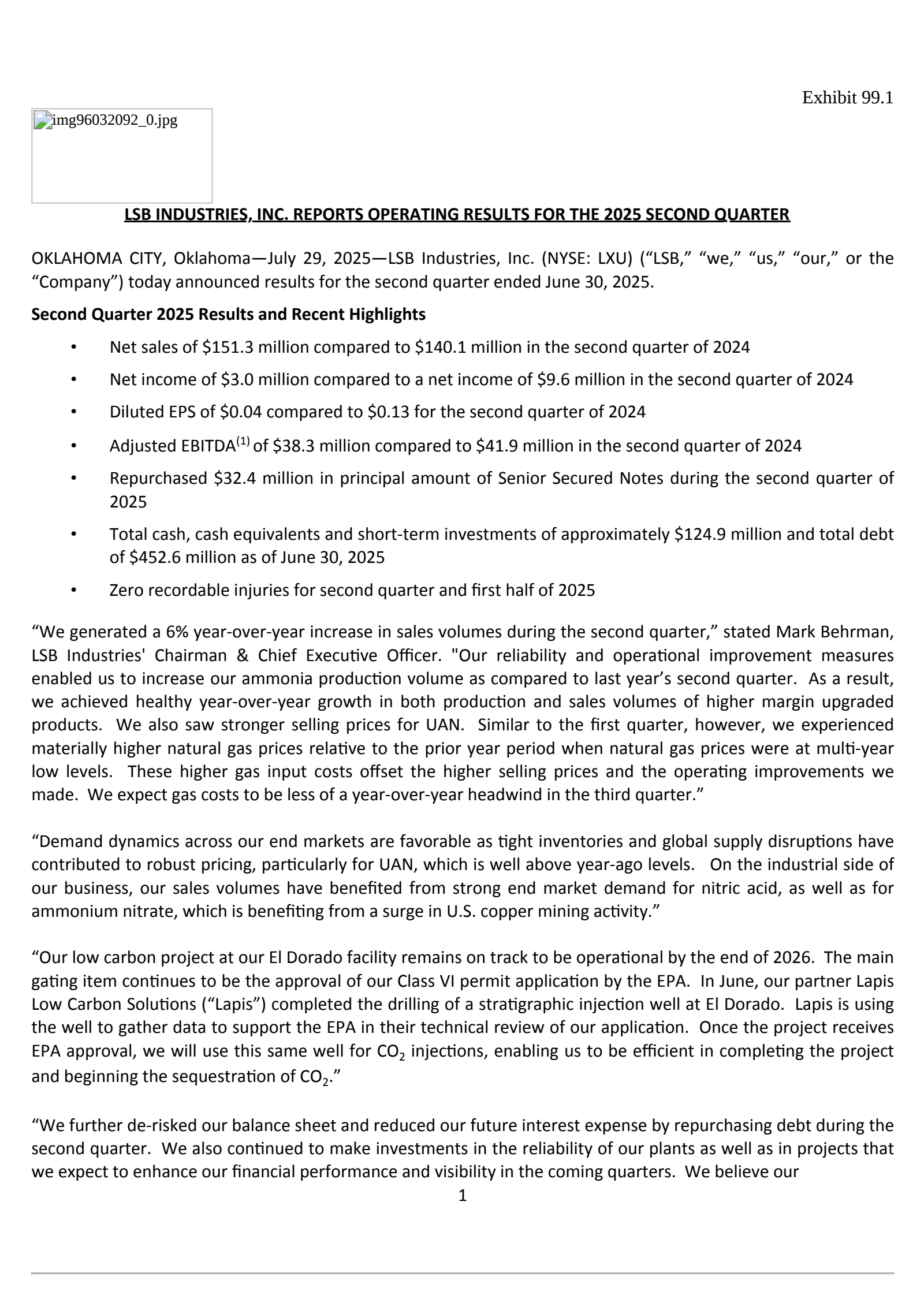 Lsb Industries' Q2 2025 Press Release