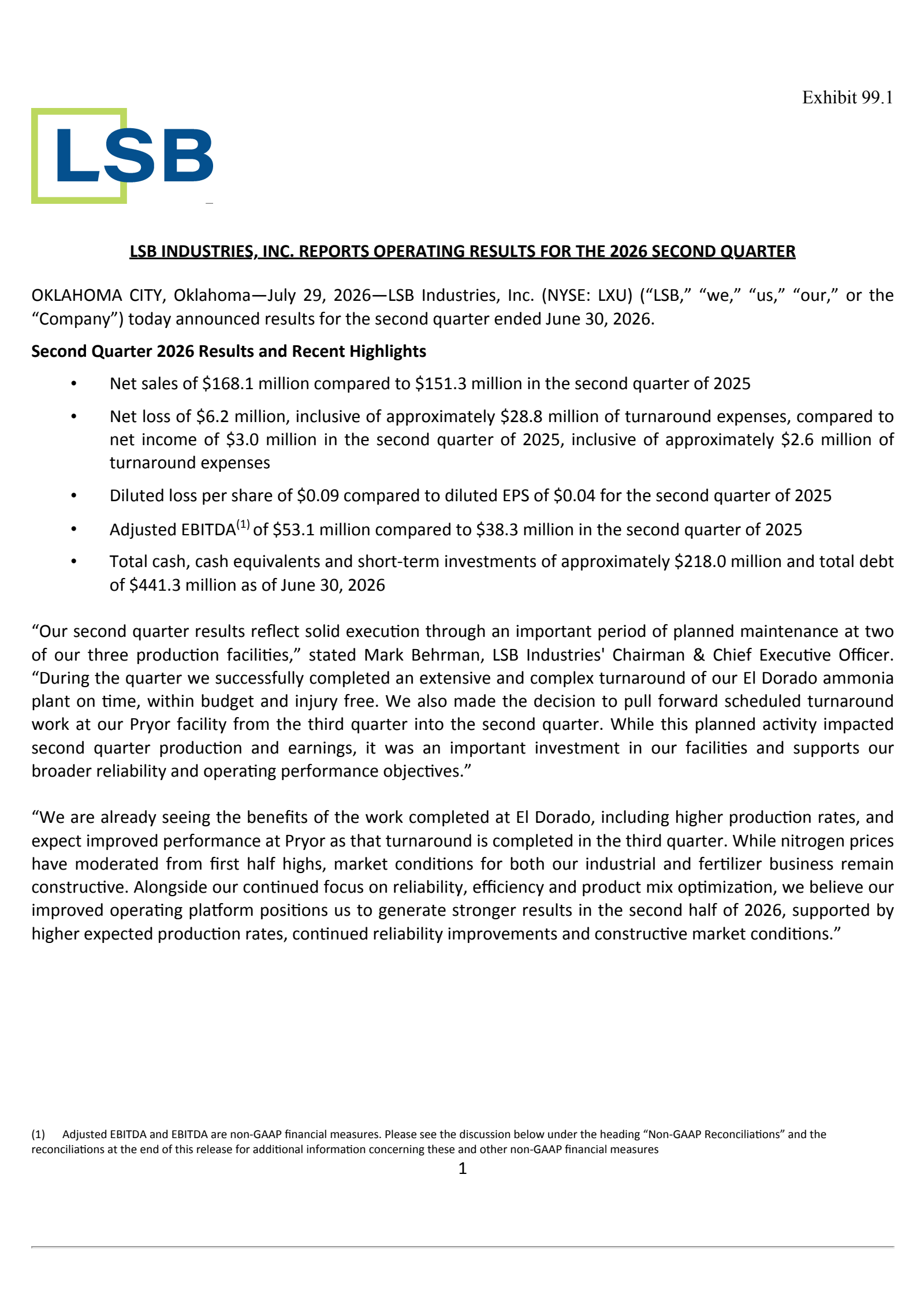 Lsb Industries' Q2 2026 Press Release